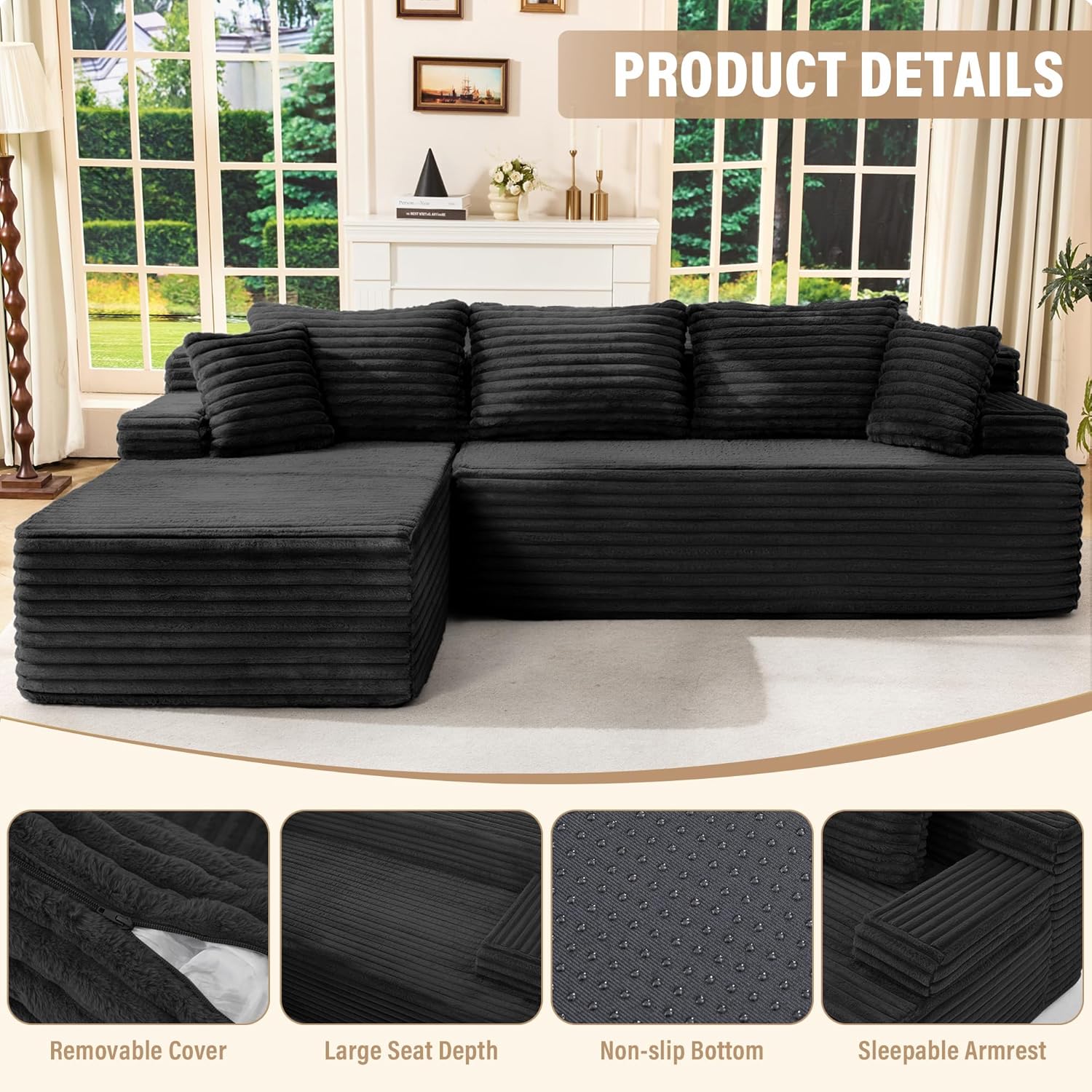 Hobestluk Modular Sectional Sofa Couches L-Shape Couch 3 Seat Modular Sofa Memory Foam Sectional Couches for Living Room, Cloud Couch with Oversized Chaise (Left Facing)