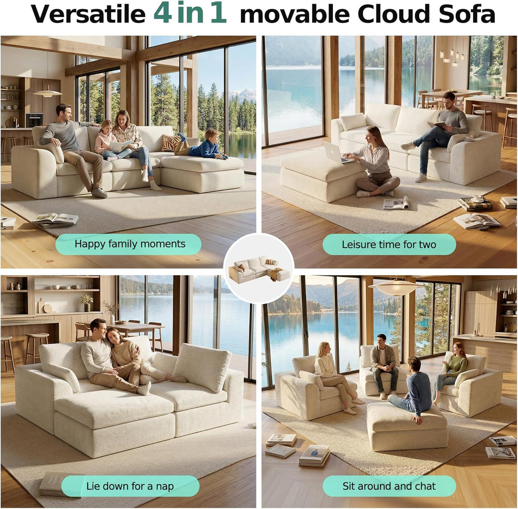 108" Modern Cloud Couch, Plush L Shaped Sectional Couch with Ottoman, Comfy Boneless Couch Modular Sofa, High-Density Memory Foam Deep Seat, No Assembly Required, Pet-Friendly, White