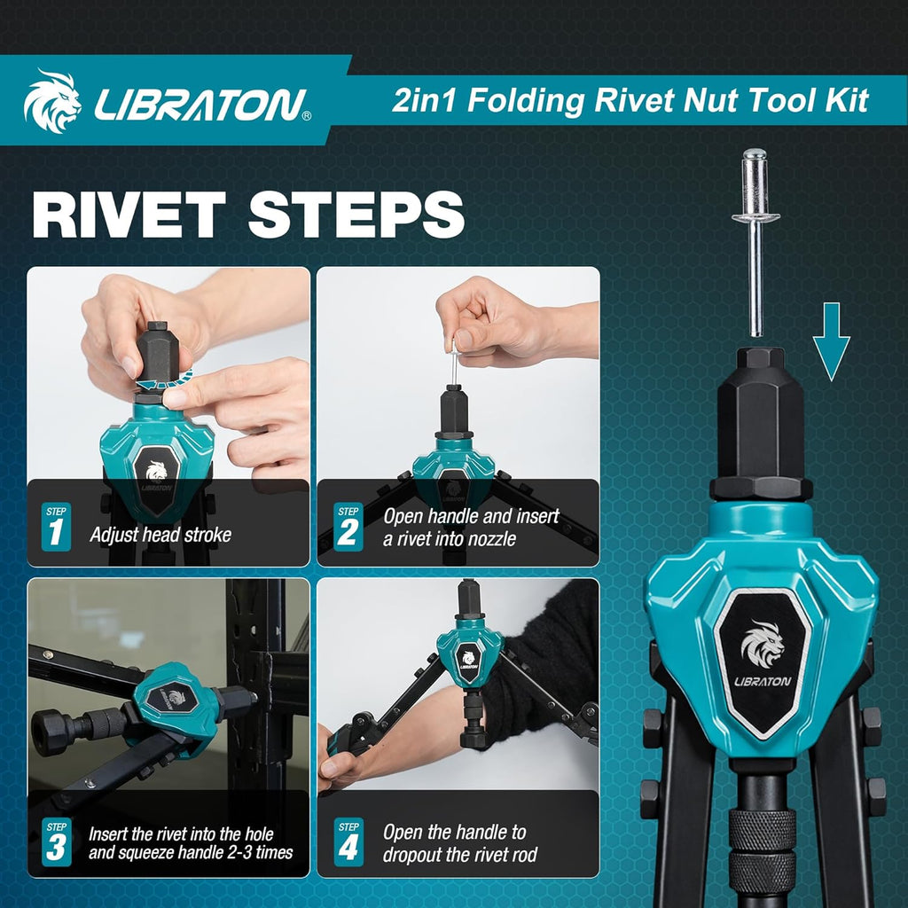 LIBRATON 2in1 Rivet Nut Tool and Rivet Gun Kit Folding, with 11 Mandrels (Metric & SAE) & 5 Nose Pieces (2.4-6.4mm), Includes 100 Nuts & 200 Pop Rivets, Folding Heavy Duty Hand Tool for DIY & Repair