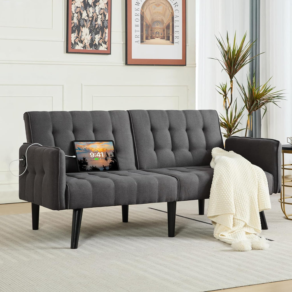 TYBOATLE 65“ Convertible Futon Sofa Bed w/ 2 USB, Upholstered Tufted Small Adjustable Folding Couch Loveseat, Modern Mid Century Sleeper Sofa for Living Room, Bedroom, Apartment, Office (Dark Grey)