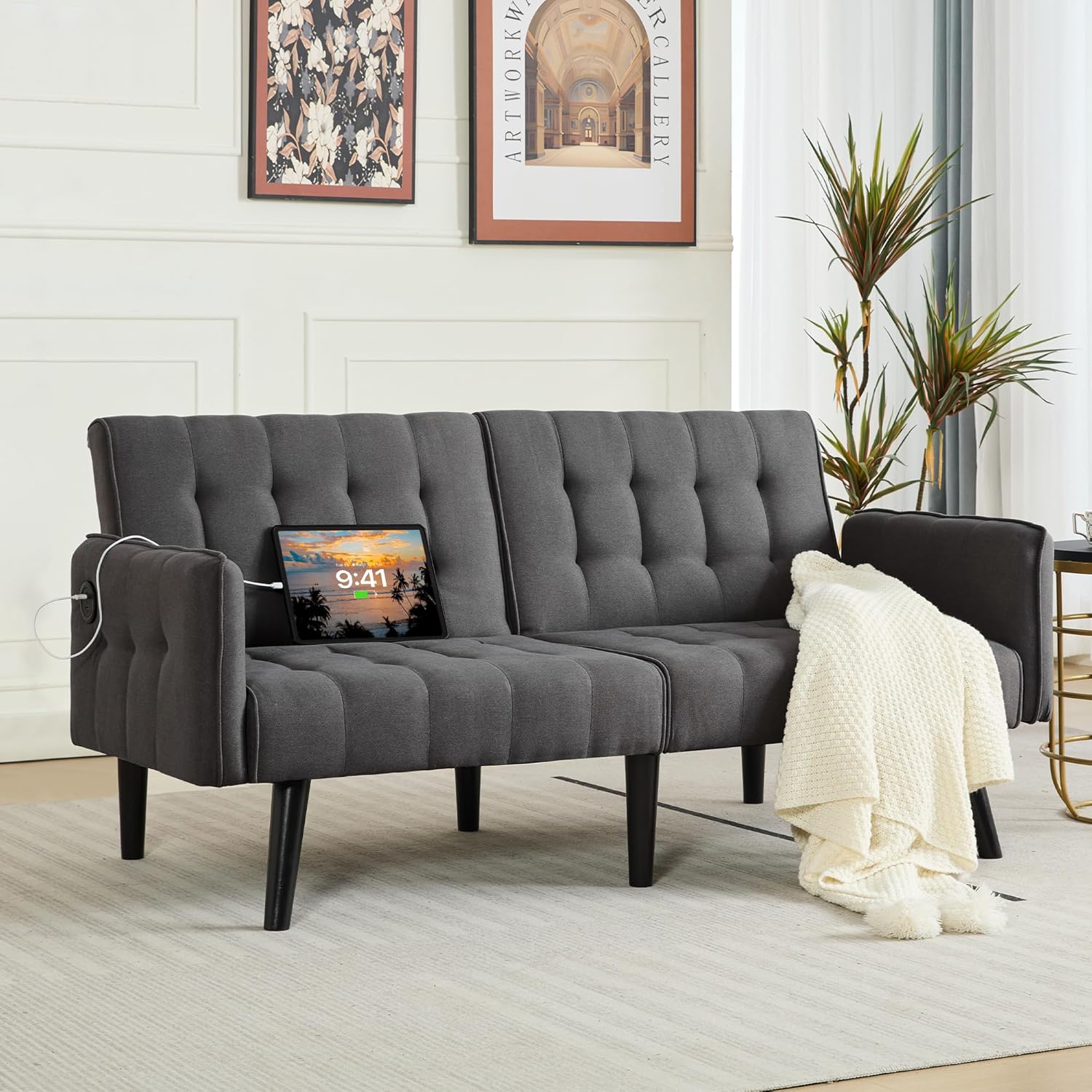 TYBOATLE 65“ Convertible Futon Sofa Bed w/ 2 USB, Upholstered Tufted Small Adjustable Folding Couch Loveseat, Modern Mid Century Sleeper Sofa for Living Room, Bedroom, Apartment, Office (Dark Grey)