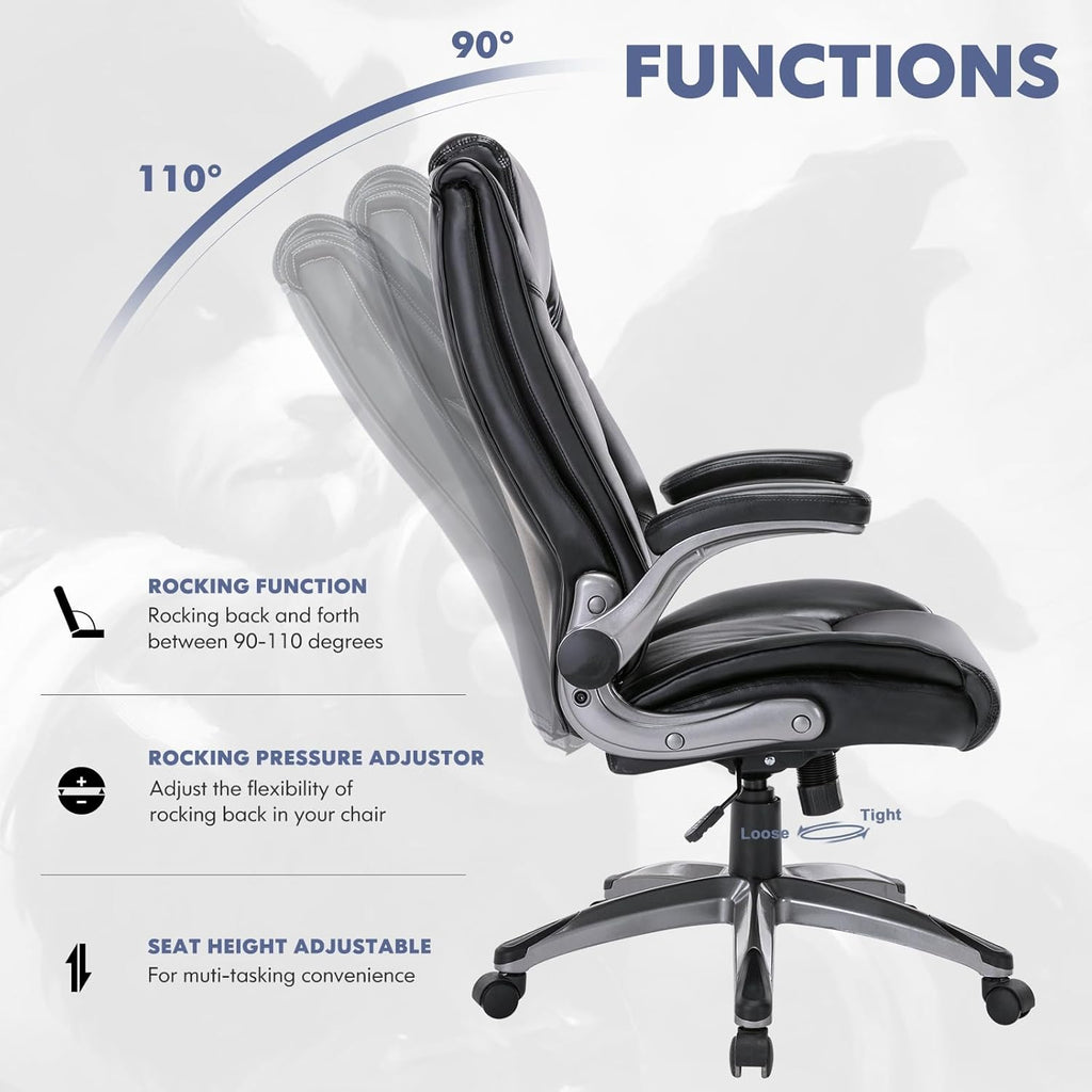 COLAMY Leather Executive Office Chair - High Back Home Computer Desk Chair with Padded Flip-up Arms, Adjustable Tilt Lock, Swivel Rolling Ergonomic Chair for Adult Working Study, Black