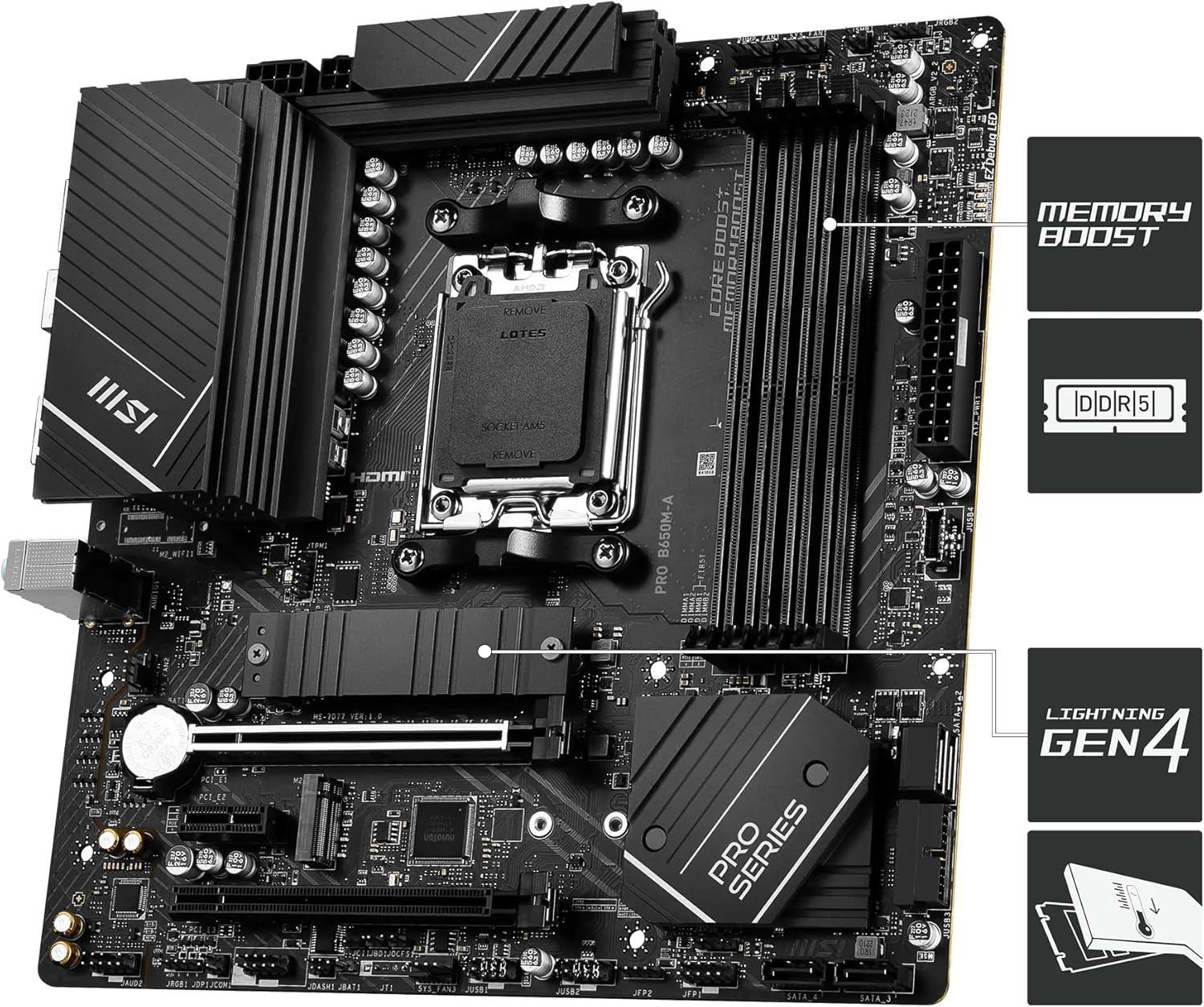 MSI PRO B650M-A WiFi V1 Motherboard, Micro-ATX - Supports AMD Ryzen 9000/8000 / 7000 Series Processors, AM5 - DDR5 Memory Boost 6000+MHz/OC, 2 x PCIe 4.0 x16, 2 x M.2 Gen4, 2.5G LAN