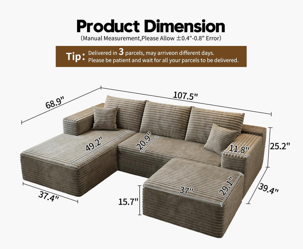 107.5" Cloud Modular Sectional Couch with 1 Ottoman,Modern Minimalist Upholstered Couches, Comfort U Shaped Sofa for Living Room,Deep Seat Corner Couch .No Assembly Required (Camel,Left Facing Chaise)