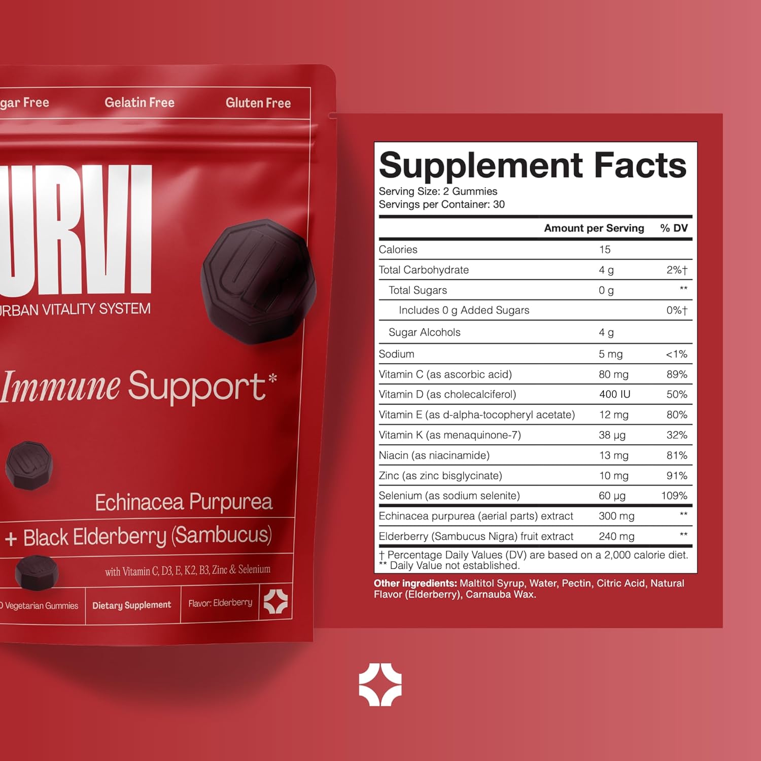 URVI® Immune Support Gummies 9-in-1 - Echinacea, Elderberry, Vitamin C, D3 K2, E, Niacin, Zinc & Selenium - Multivitamin, Antioxidants, Immunity Supplement - Vegetarian & Sugar Free - 60 Count