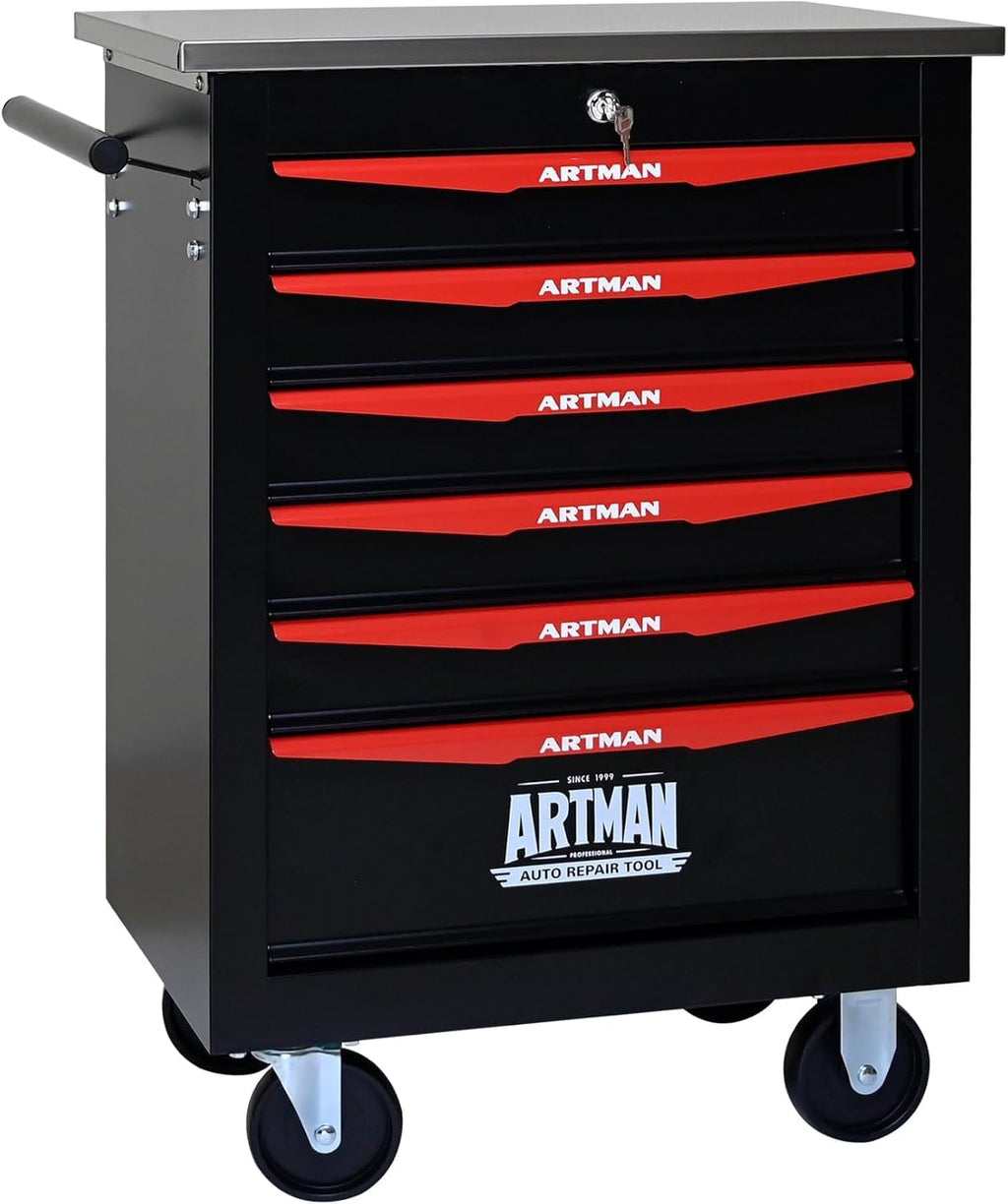 6-Drawer Rolling Tool Chest with Stainless Steel Countertop, Tool Chest with Secure Locking System, Mobile Storage Tool Cabinet with 360°Wheels and Padded Feet for Garage,Home (Black+Red)