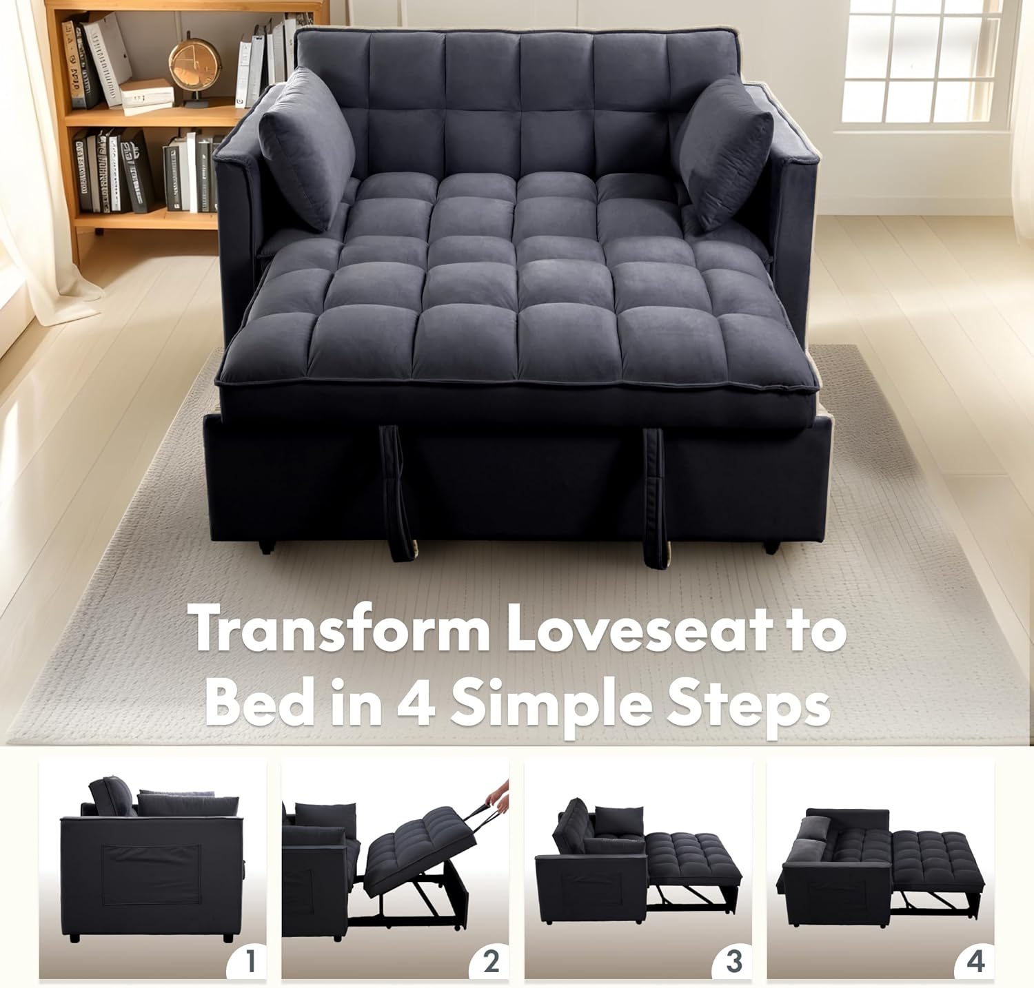 FLEXISPOT XCT4 Pull Out Couch, 3-in-1 Sleeper Sofa Bed with Adjustable Backrest, Loveseat Sleeper with Pillows & Side Pockets, Convertible Futon Couch for Small Spaces Guest Room Apartment, Black