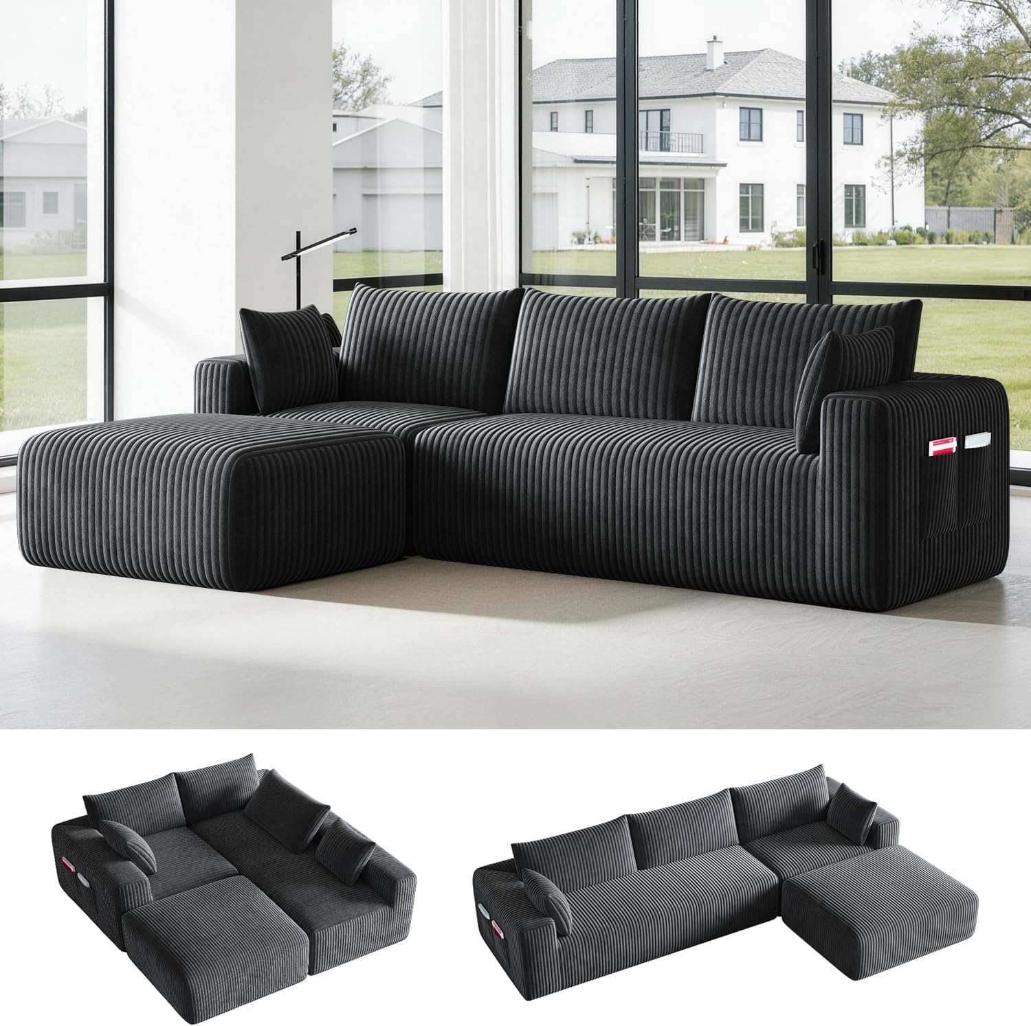 108" Cloud Couch Modular Sectional Sofa for Living Room,L Shaped Boneless Couch with Deep Seat Chaise,No Assembly Required Foam Sleeper Sofa for Apartments,Plush Corduroy Fabric, Dark Grey