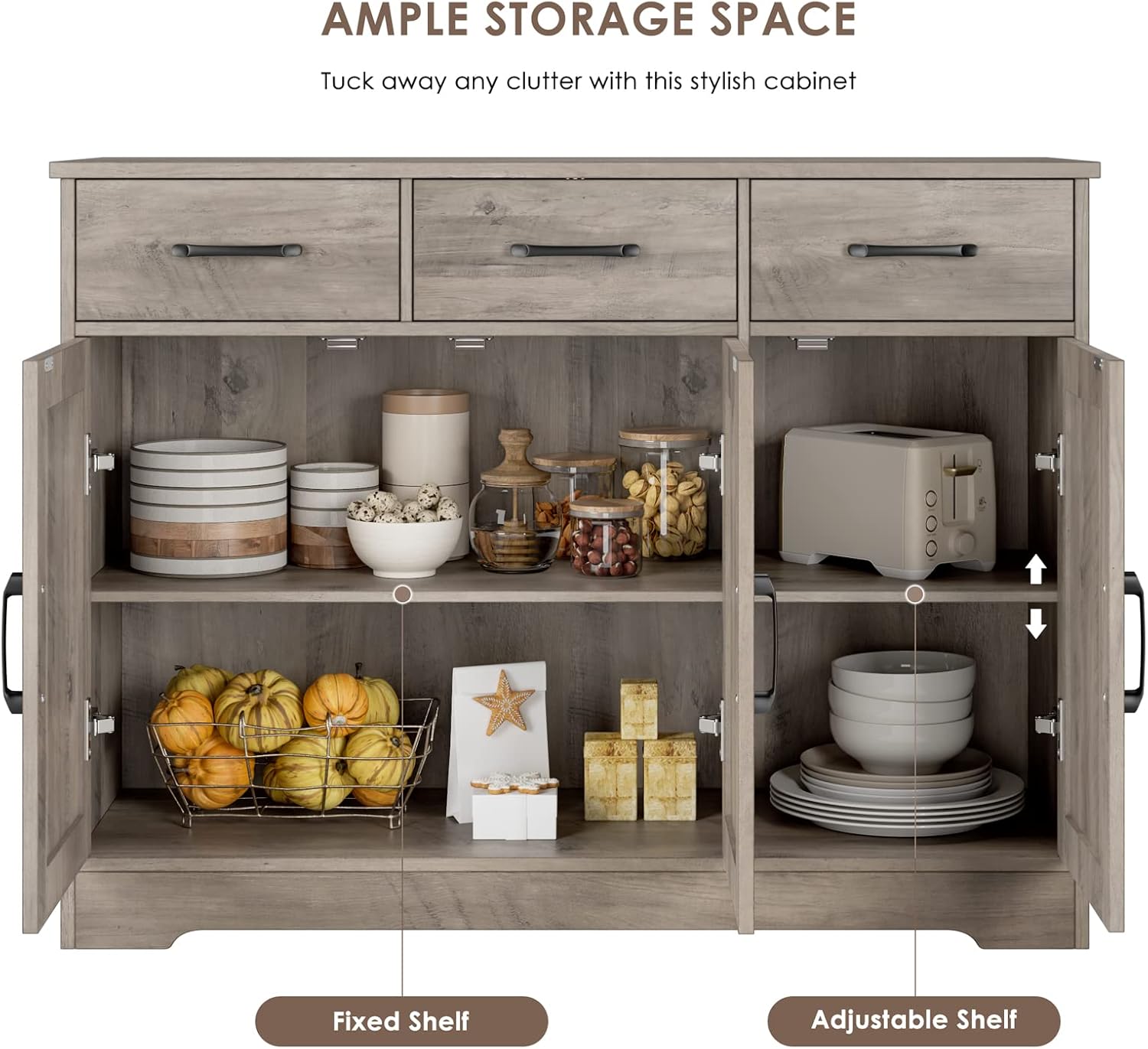 HOSTACK Modern Farmhouse Buffet Sideboard Cabinet, Barn Doors Storage Cabinet with Drawers and Shelves, Wood Coffee Bar with Storage for Dining Room, Kitchen, Living Room, Ash Grey