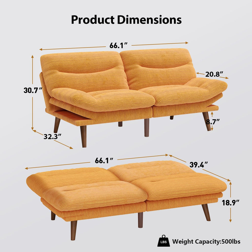 Pipishell Futon Sofa Bed, 66 Inch Corduroy Futon Couch Convertible with Adjustable Backrest and Armrests, Recliner Sleeper Sofa for Small Spaces, Living Room, Office, Guest Room (Yellow, 66 Inch) | Adjustable