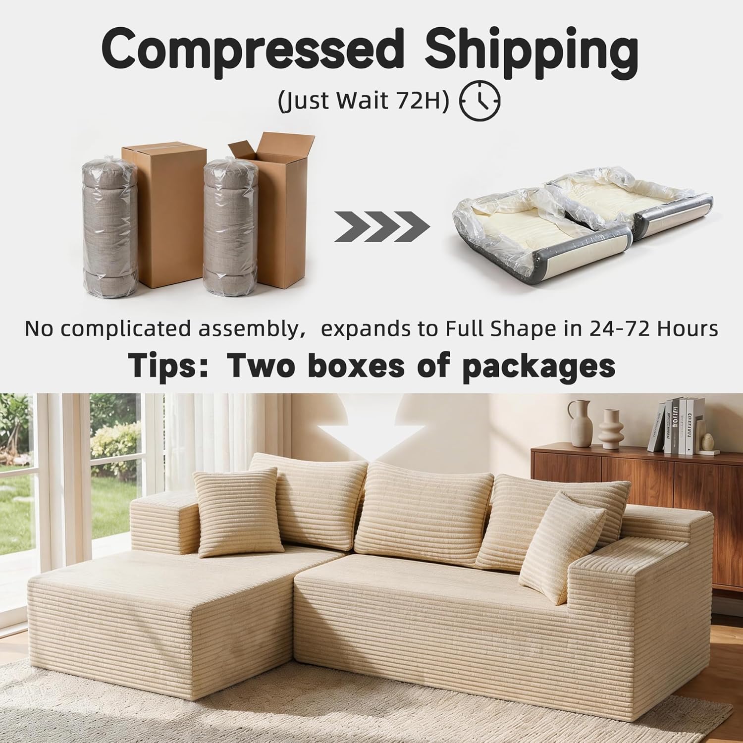 Bashaw 108" Modular Sectional Sofa Couches with Chaise, L-Shape Boneless Couch Deep Seat Upholstered Boneless Sectional Couch for Living Room (Beige, 108" Left Facing Chaise) | Sectional, Boneless, L-Shape, Deep Seat