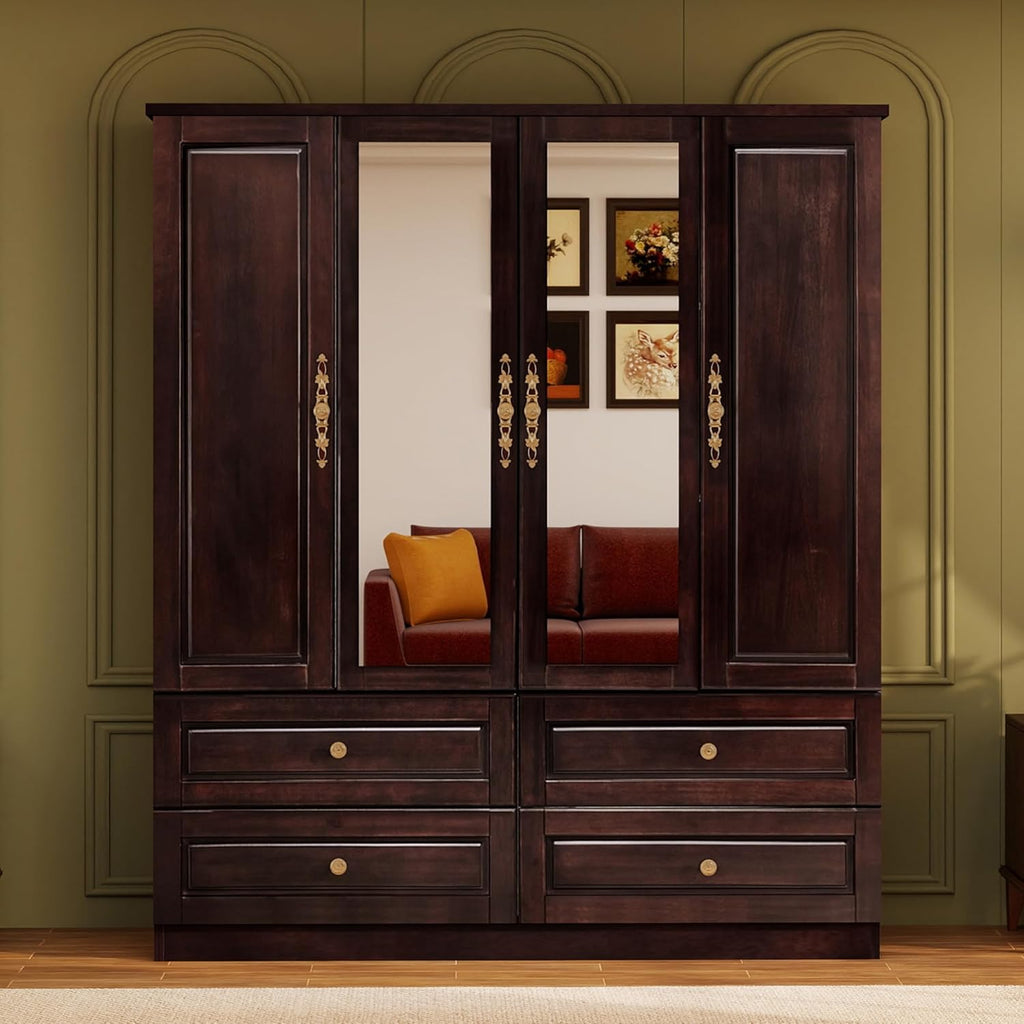 Solid Wood Armoire Wardrobe Closet: 70.87"Large Wardrobe Cabinet Storage,Clothes Organizer with Mirror,Doors,Shelves,Hanging Rods and Drawers,American Style Freestanding Bedroom Brown Black Finish