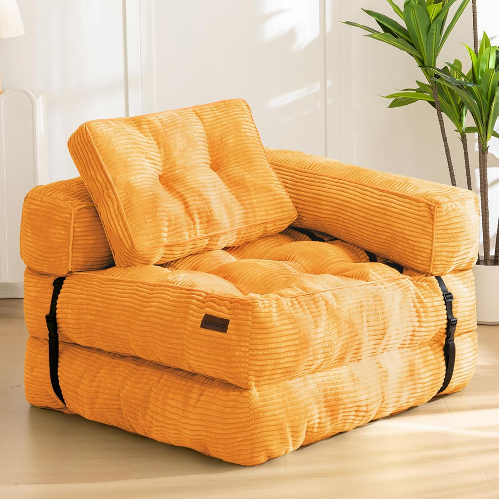 MAXYOYO Folding Sofa Bed, L-Shaped Convertible Sofa Bed Foldable Sleeper with Pillow, Portable Fold Out Chair Lounge for Living Room Bedroom, Orange