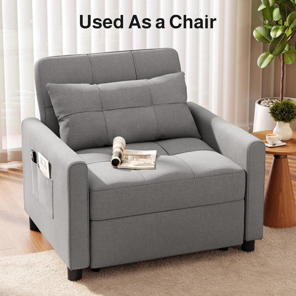 Ahomly Sleeper Sofa Chair Bed, Convertible Sofa Chair 3-in-1, Adjustable Sleeper Chair Pullout Sofa Bed with Modern Linen Fabric for Living Room Apartment Small Space, Grey