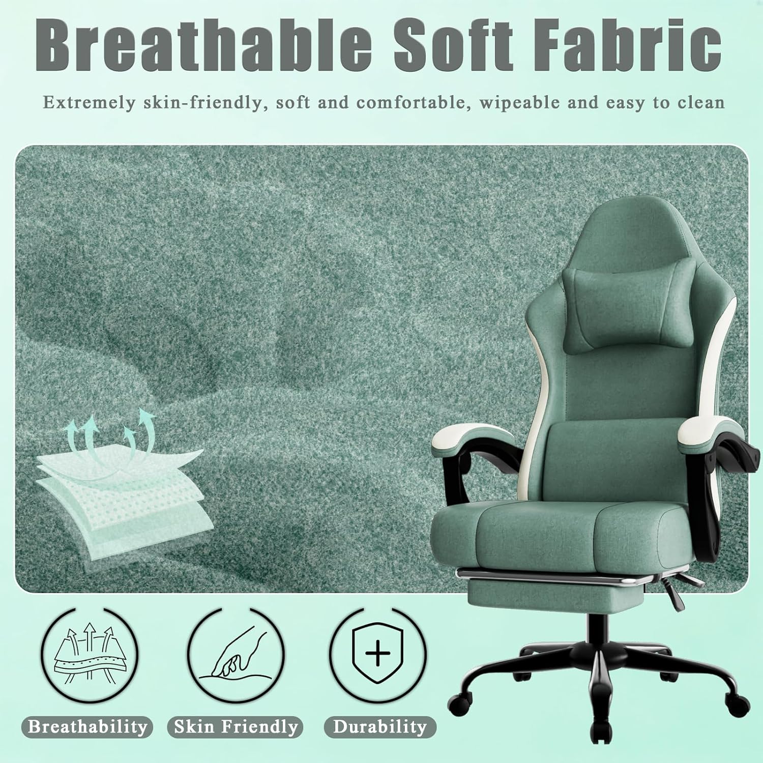 Gaming Chair, High Back Fabric Computer Chair with Pocketed Spring Cushion and Footrest, Height Adjustable Game Chair with Headrest and Lumbar Support (Beige & Blue)