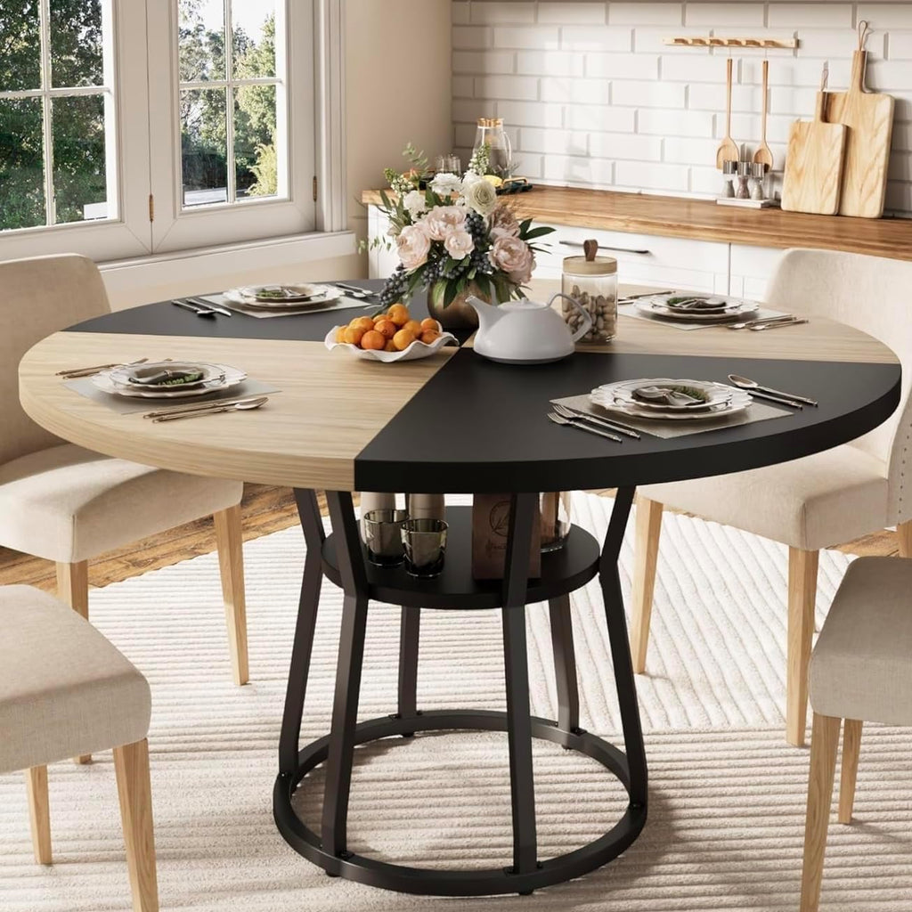 GarveeHome 47 Inch Round Dining Table with Storage Shelf, Farmhouse Circle Kitchen Table for 4-6, Space-Saving Wood Top, Metal Legs, for Kitchen, Dining & Living Room, Apartment, Table Only-Black Wood