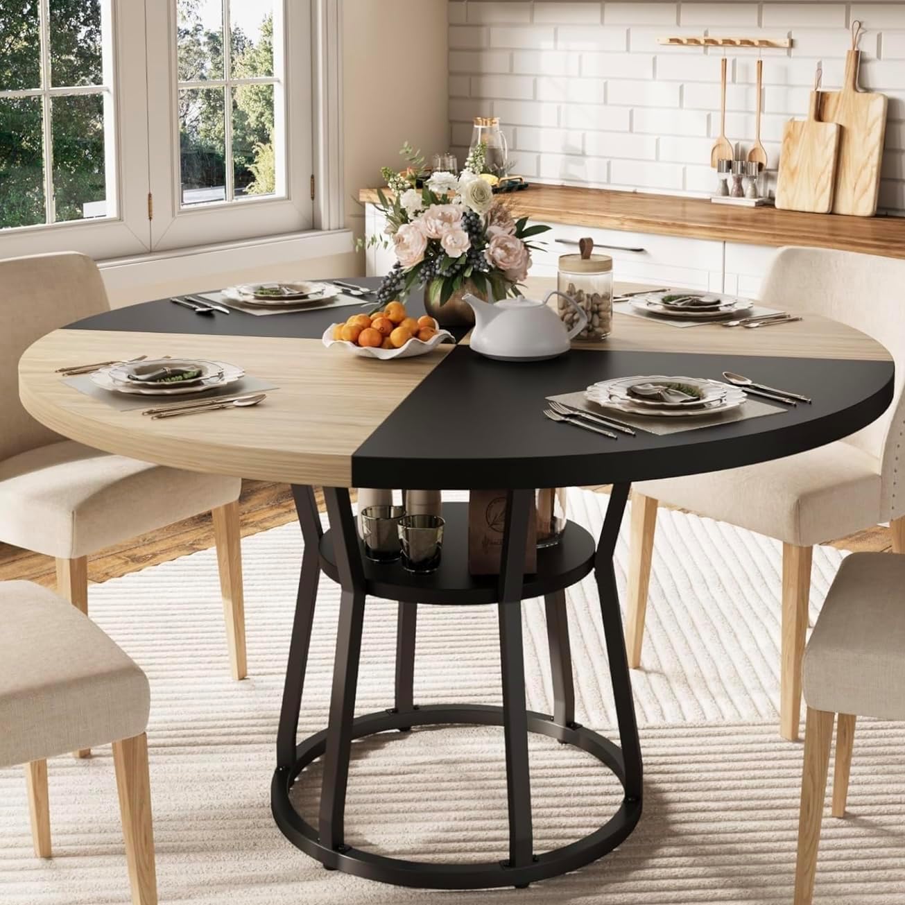 GarveeHome 47 Inch Round Dining Table with Storage Shelf, Farmhouse Circle Kitchen Table for 4-6, Space-Saving Wood Top, Metal Legs, for Kitchen, Dining & Living Room, Apartment, Table Only-Black Wood