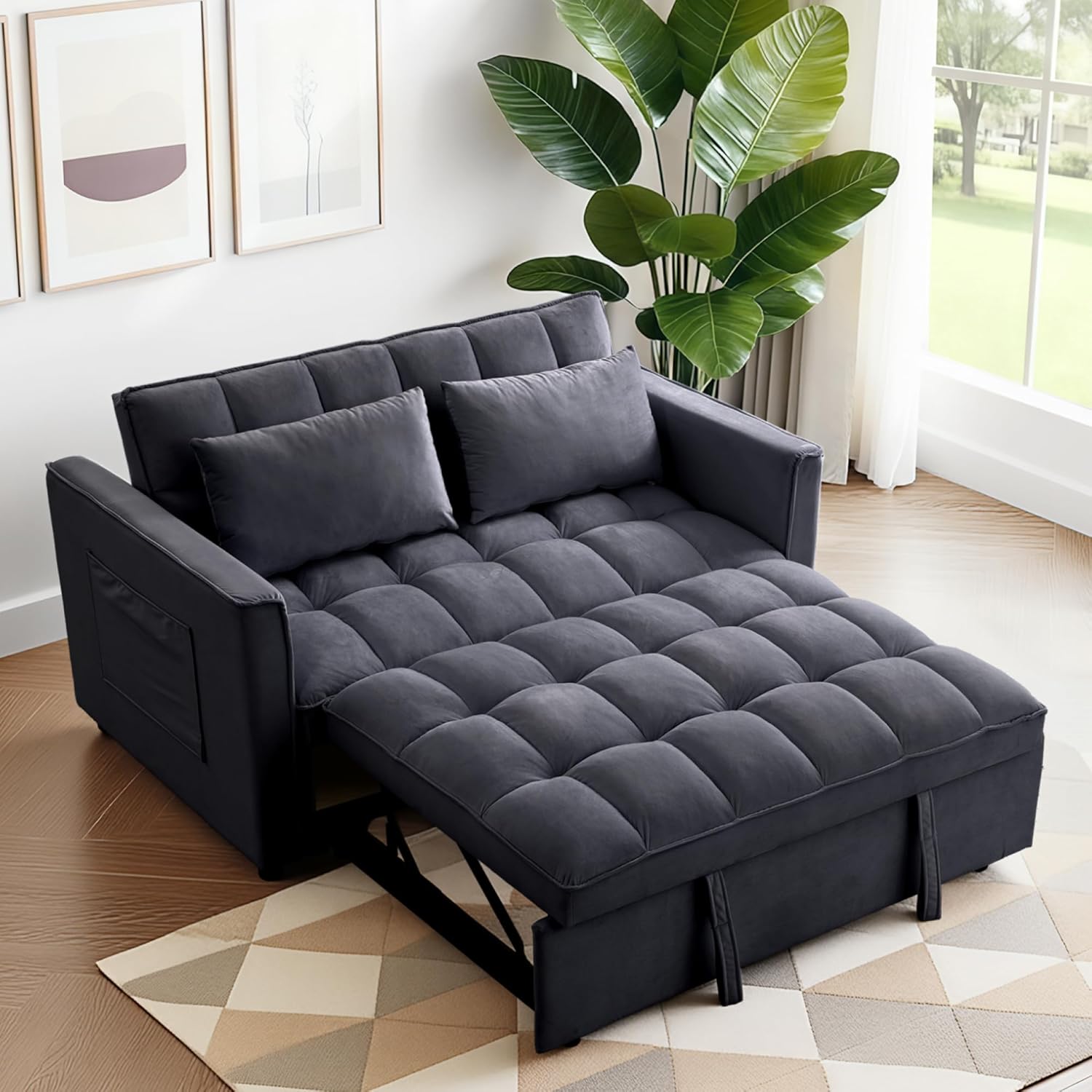 FLEXISPOT XCT4 Pull Out Couch, 3-in-1 Sleeper Sofa Bed with Adjustable Backrest, Loveseat Sleeper with Pillows & Side Pockets, Convertible Futon Couch for Small Spaces Guest Room Apartment, Black