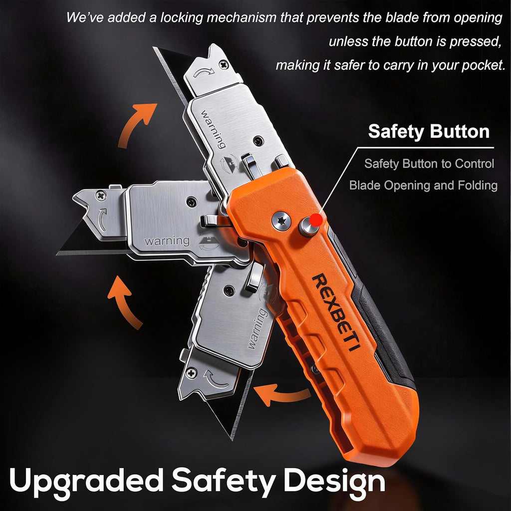 REXBETI 2-in-1 Folding Utility Knife and Scraper, Heavy-Duty Zinc Alloy Construction, Built-In Blade Storage,Retractable Blade with Safety Lock,Includes 26 SK5 Black Replacement Blades（2pack）