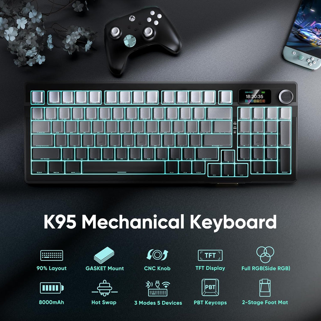 RedThunder K95 Wireless Mechanical Keyboard,TFT Screen & Knob, Trip-Modes Connection, Gasket Custom Hot-Swap Keyboard, RGB Backlit, Pre-lubed Linear Switches, Side Printed PBT Keycaps, Gray Gradient