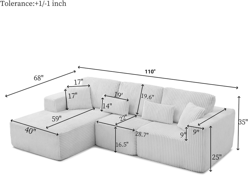 110” Modular Sectional Sofa, Cloud Sectional Couch with Deep Seat, Upholstered Boneless Couches for Living Room, Modern Modular L-Shape Sofa Couch with Chaise (Beige, 110" Left Facing Chaise)