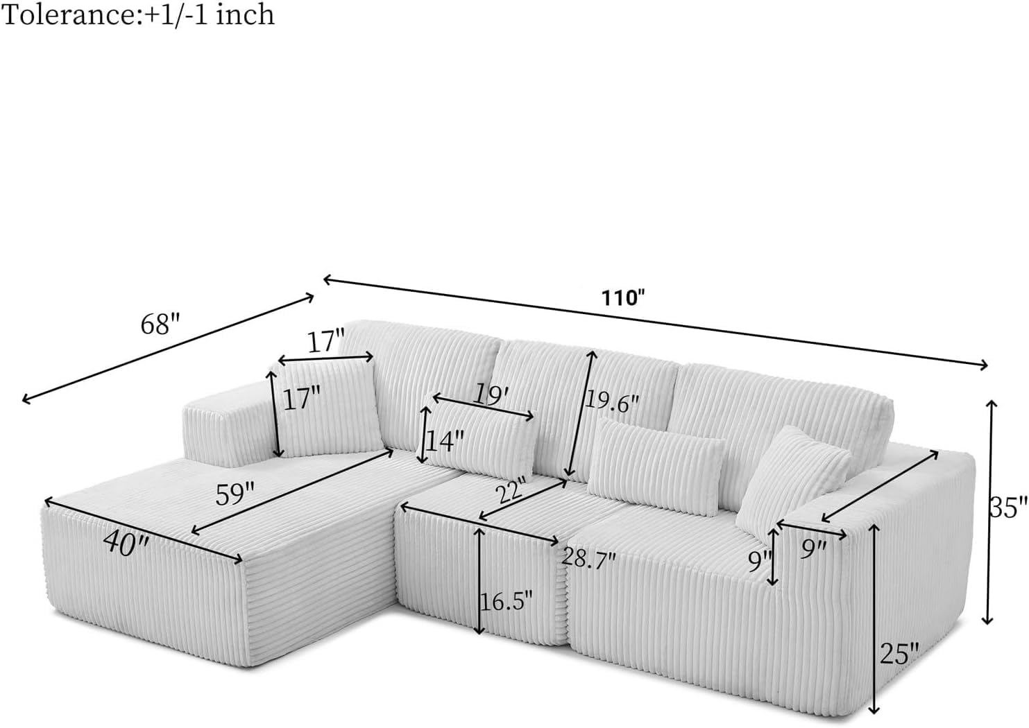 110” Modular Sectional Sofa, Cloud Sectional Couch with Deep Seat, Upholstered Boneless Couches for Living Room, Modern Modular L-Shape Sofa Couch with Chaise (Beige, 110" Left Facing Chaise)
