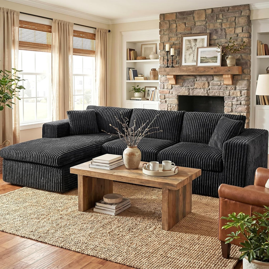 Shintenchi 105" Modular Sectional Sofa, Boneless L Shaped Couch with Deep Seat, Cloud Foam Couch with Oversized Chaise, Plush Corduroy Sofa No Assembly Needed for Living Room, Black