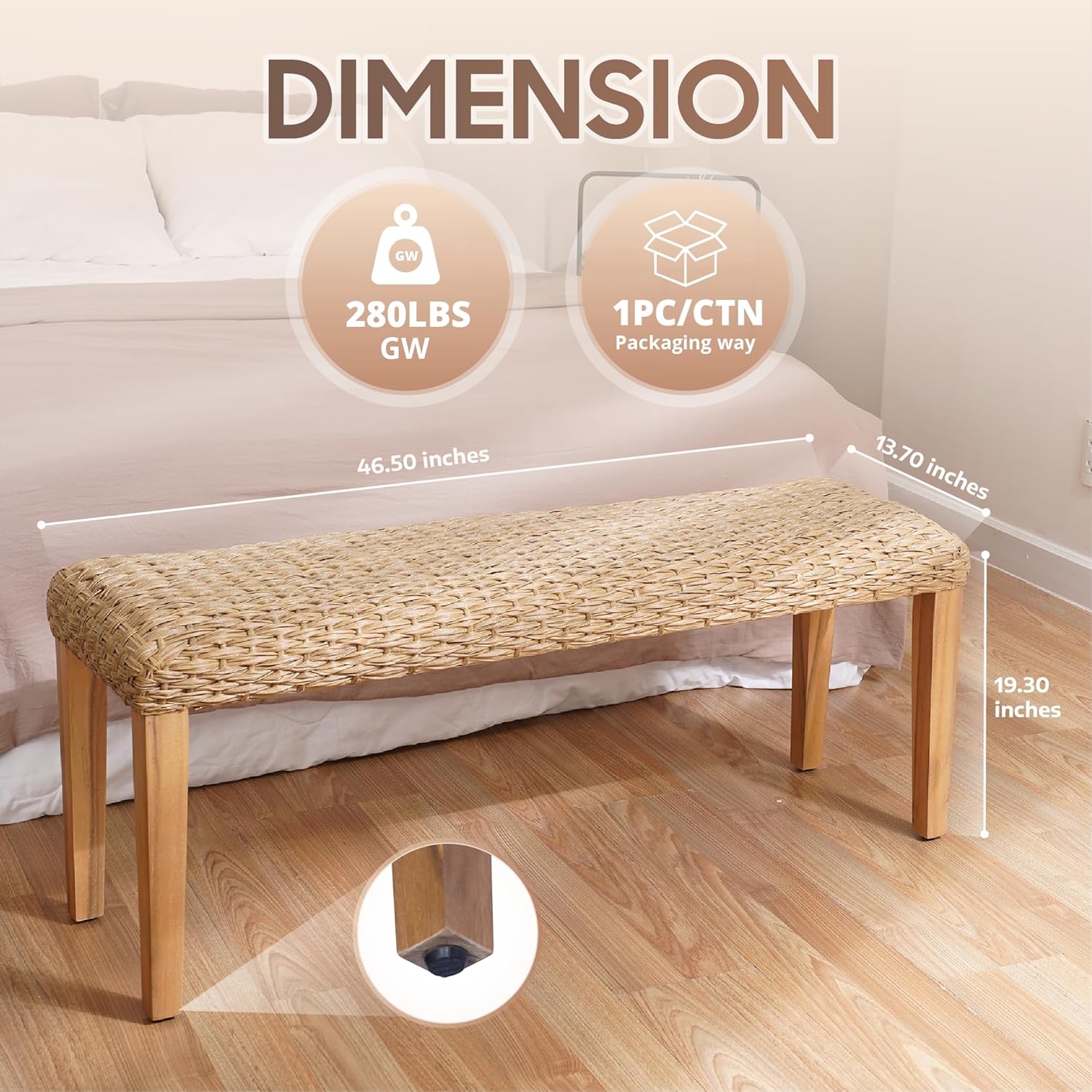 Outdoor Backless Bench, All-Weather Wicker & Solid Acacia Wood, Premium Garden Bench with Woven Rattan Seat and Thick Outdoor Cushion for Patio, Porch, Living Room or Entryway (Natural, PE Wicker).