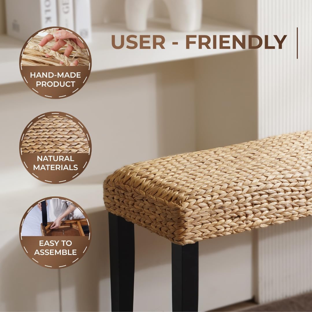 End of Bed Bench for Bedroom, 47" Entryway Bench with Solid Wood Acacia, Water Hyacinth Indoor Bench Seat, Boho Woven Bench for Living Room, Wicker Bench for Hallway or Kitchen, Wood Bench (Black Leg)