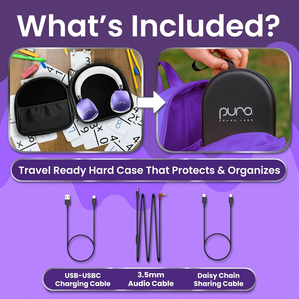 Puro Sound Labs Noise Cancelling Headphones for Kids - 85 dB Volume Limit, Built in Mic, 35-Hour Battery, Lightweight On Ear Design & Comfy Fit, Bluetooth Headphones for Kids – PuroQuiet Plus, Purple