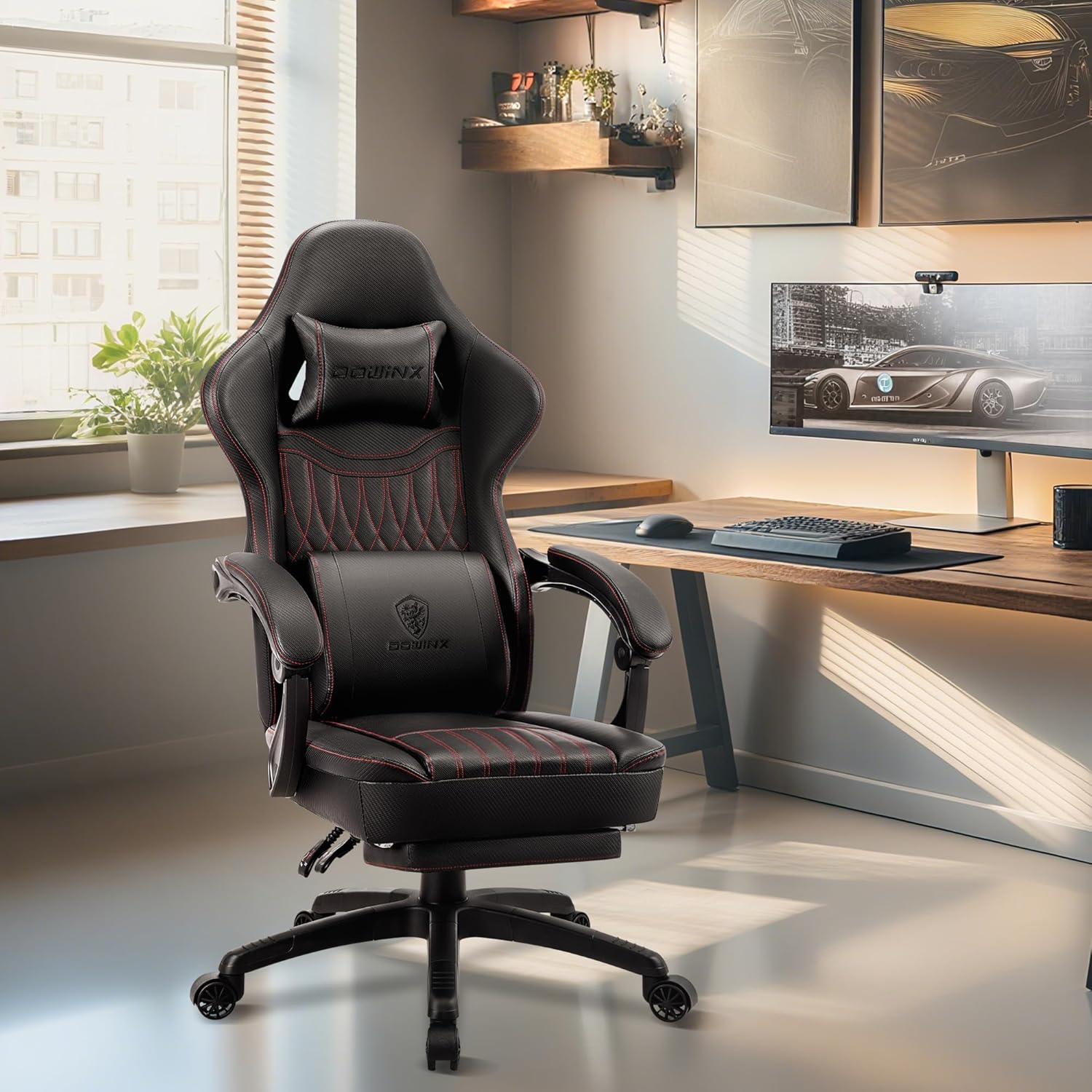 Dowinx Gaming Chair Breathable PU Leather Gamer Chair with Footrest Massage Lumbar Support, Big and Tall Ergonomic Reclining Computer Chair with Pocket Spring Cushion for Adults Teens(Black)