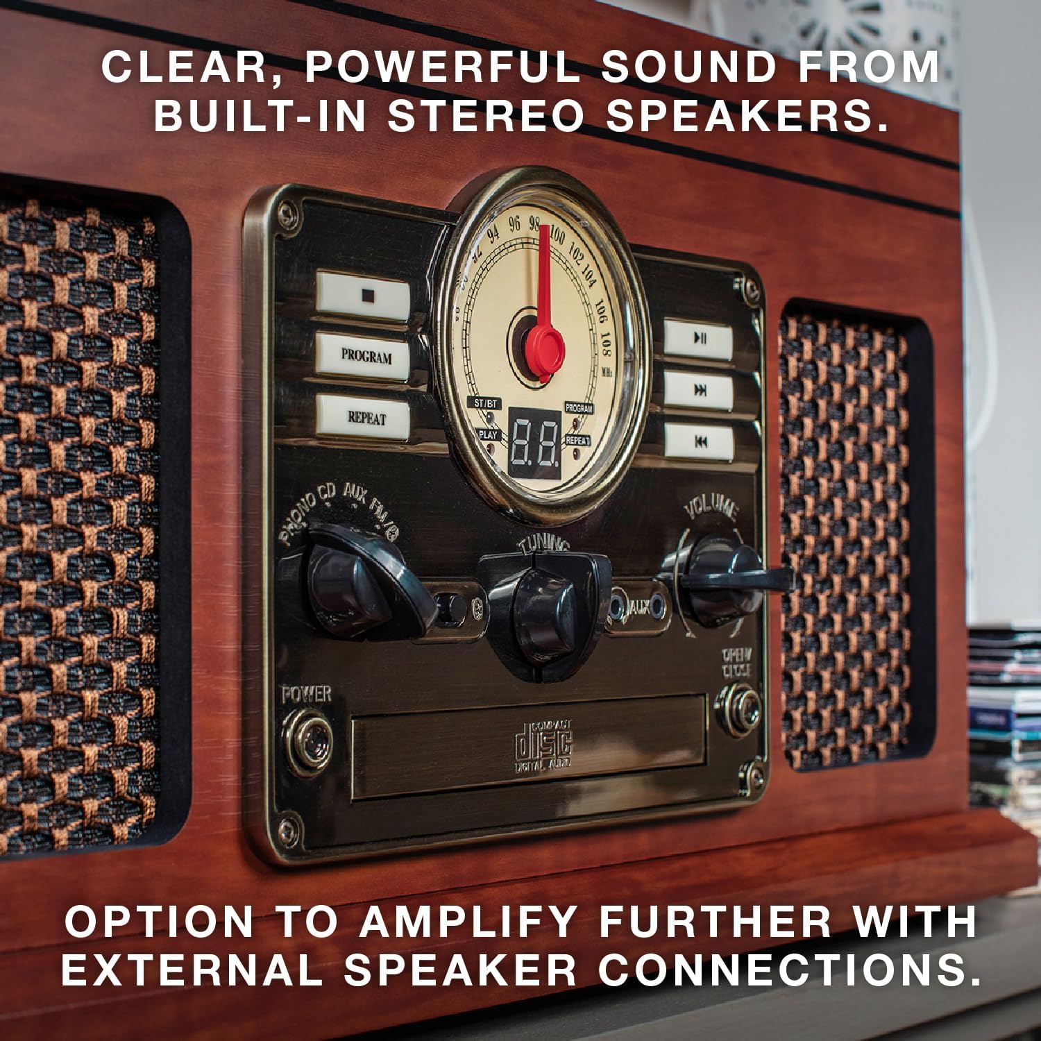 Victrola The Quincy 6-in-1 Bluetooth Record Player & Multimedia Center with Built-in Speakers – 3-Speed Turntable, CD & Cassette Player, FM Radio, Wireless Music Streaming (Mahogony)