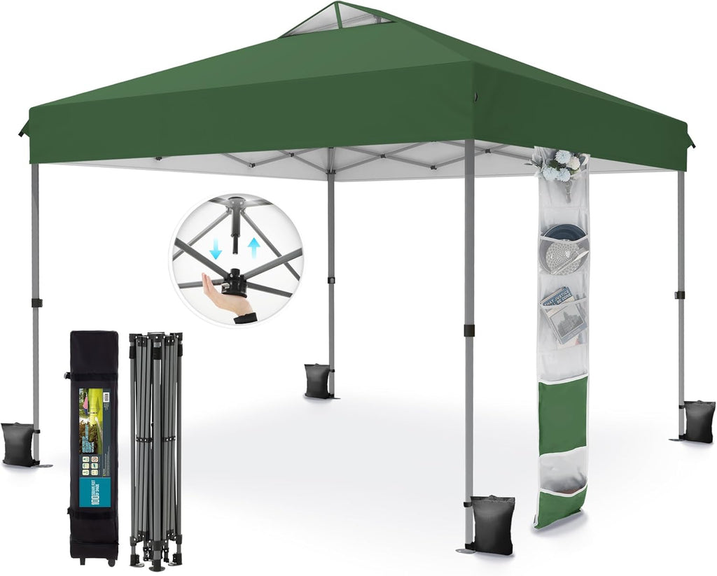 PHI VILLA 10x10ft 1-Person Setup Pop Up Canopy Tent Instant Portable Shelter w/ 1-Button Push, Case, 4 Weight Bags - Green