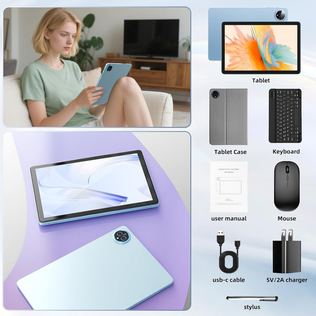 Android 15 Tablet 10 inch, 24GB RAM 128 ROM, Tablets with Keyboard Case Mouse Stylus, 1TB Expandable, Octa-Core 6000mAh 1280x800 IPS HD, WiFi, T615 CPU, High Performance, Processor, Dual Camera (Blue)