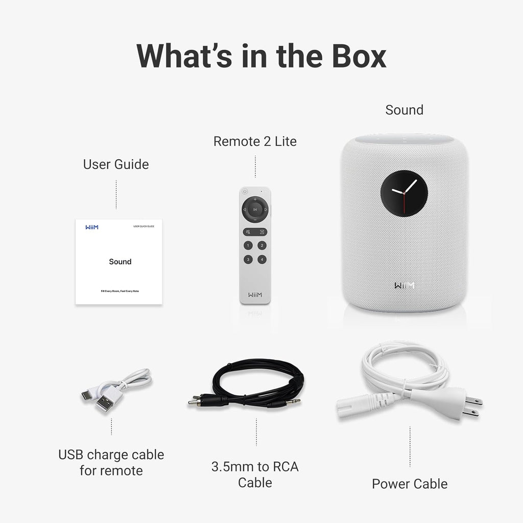 WiiM Sound Smart Speaker with 1.8″ Touch Display, Hi‑Res 24‑bit/192 kHz, AI RoomFit™ Room Correction, 100W Peak, Wi‑Fi 6E/Bluetooth 5.3, Multi‑Room & Stereo Pairing, Remote Included, White