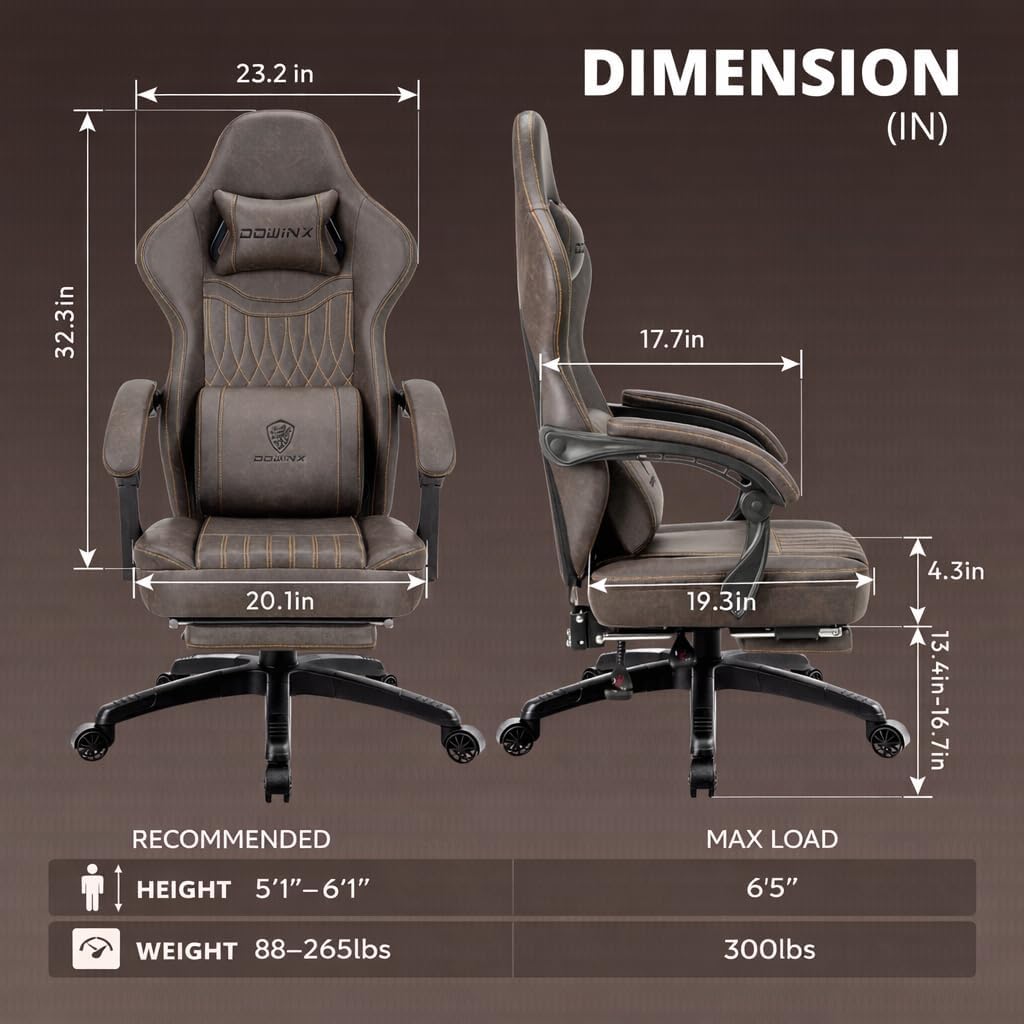 Dowinx Gaming Chair Breathable PU Leather Gamer Chair with Footrest Massage Lumbar Support, Big and Tall Ergonomic Reclining Computer Chair with Pocket Spring Cushion for Adults Teens (Brown)
