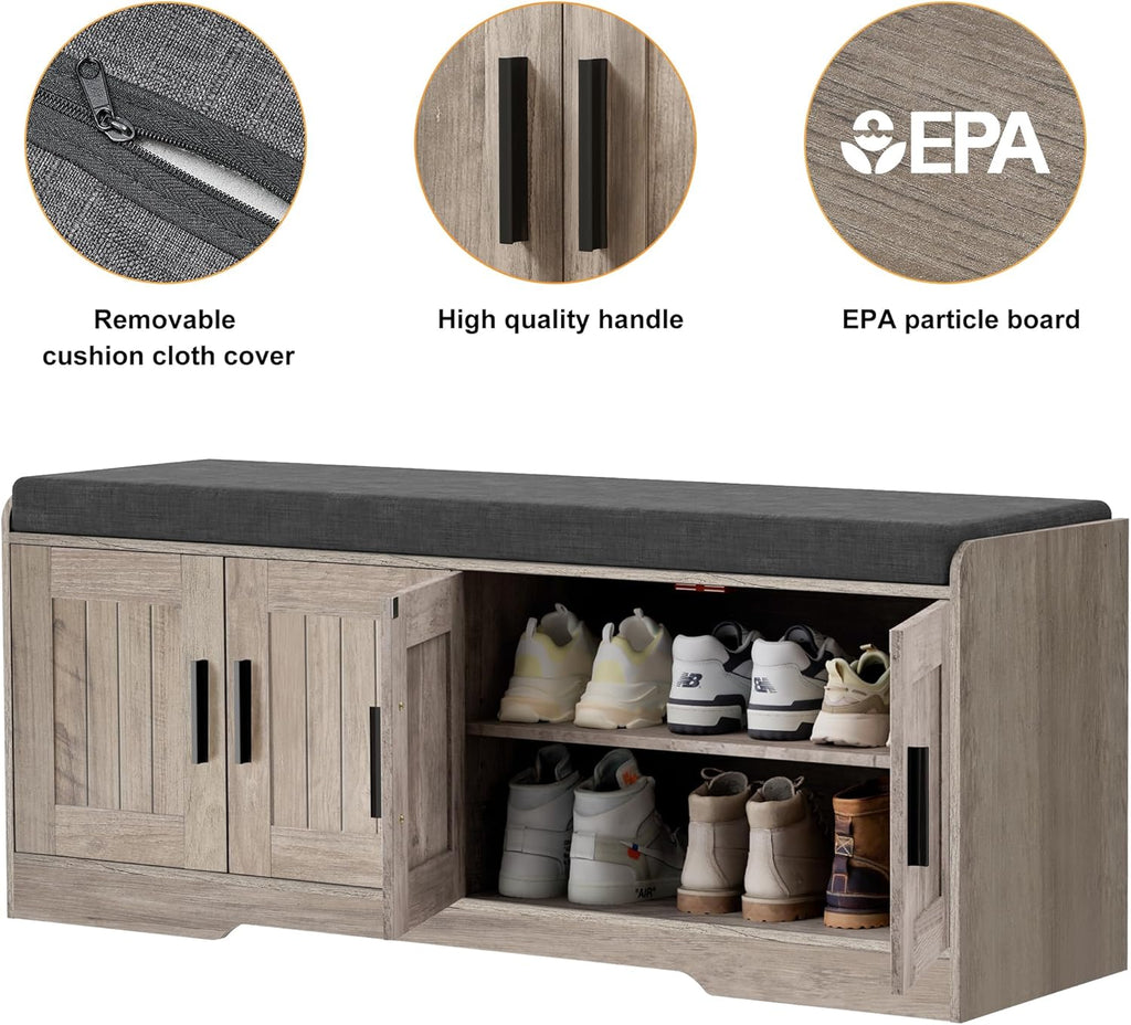 Homleke 2-Tier Storage Bench, Shoe Bench with Thickened Padded Seat Cushion, Entryway Bench with 4 Doors, Adjustable Shelf, 13.8" D x 45.3" W x 18.5" H, for Entryway, Living Room, Bedroom, Greige