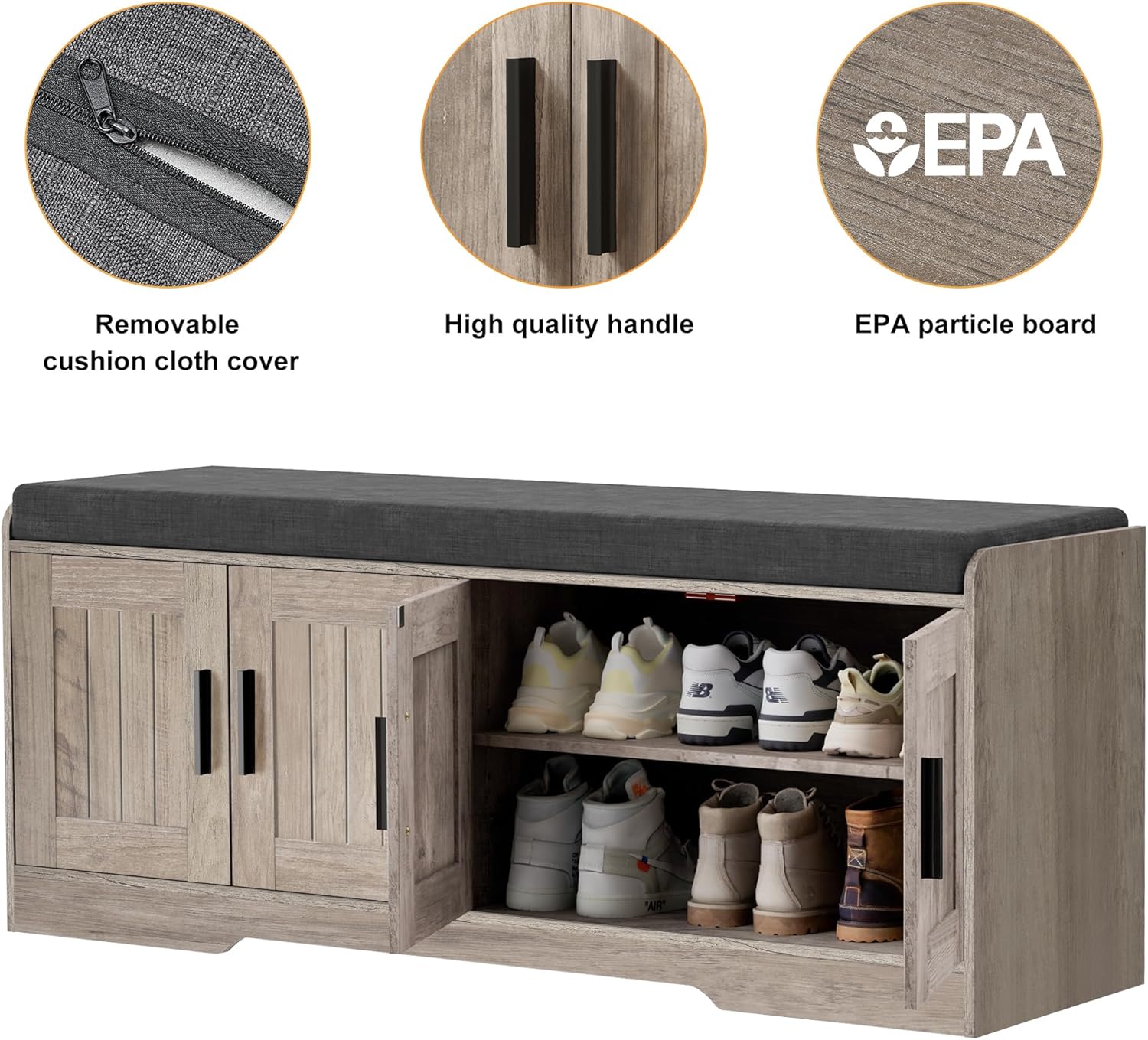Homleke 2-Tier Storage Bench, Shoe Bench with Thickened Padded Seat Cushion, Entryway Bench with 4 Doors, Adjustable Shelf, 13.8" D x 45.3" W x 18.5" H, for Entryway, Living Room, Bedroom, Greige