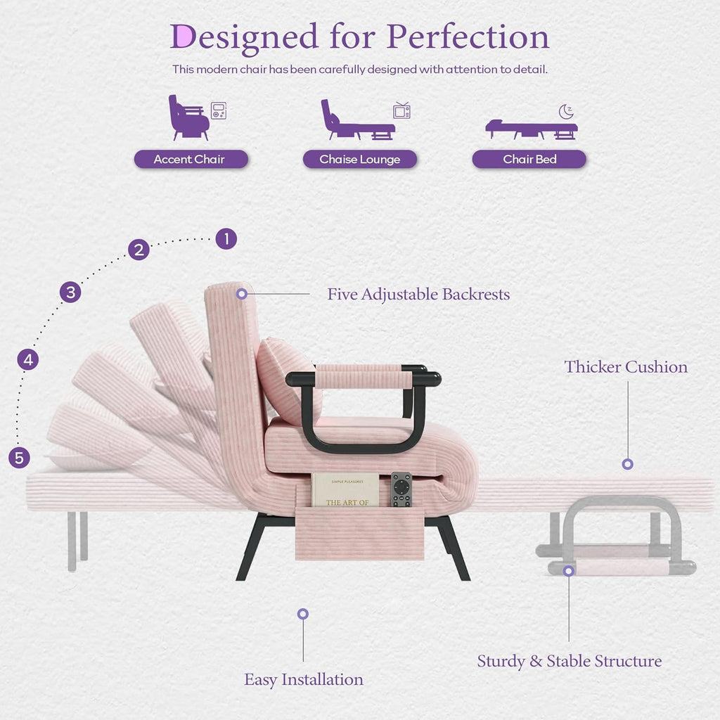 TYBOATLE Sleep Chair Bed, Comfy Convertible Sleeper Chairs for Adults, 5 in 1 Folding Sofa Bed with Adjustable Backrest & Side Pockets & Pillow, Cozy Small Corduroy Couch for Small Spaces (Pink)