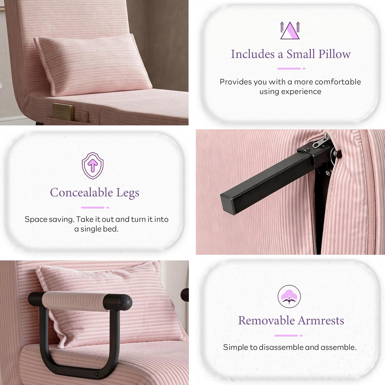 TYBOATLE Sleep Chair Bed, Comfy Convertible Sleeper Chairs for Adults, 5 in 1 Folding Sofa Bed with Adjustable Backrest & Side Pockets & Pillow, Cozy Small Corduroy Couch for Small Spaces (Pink)