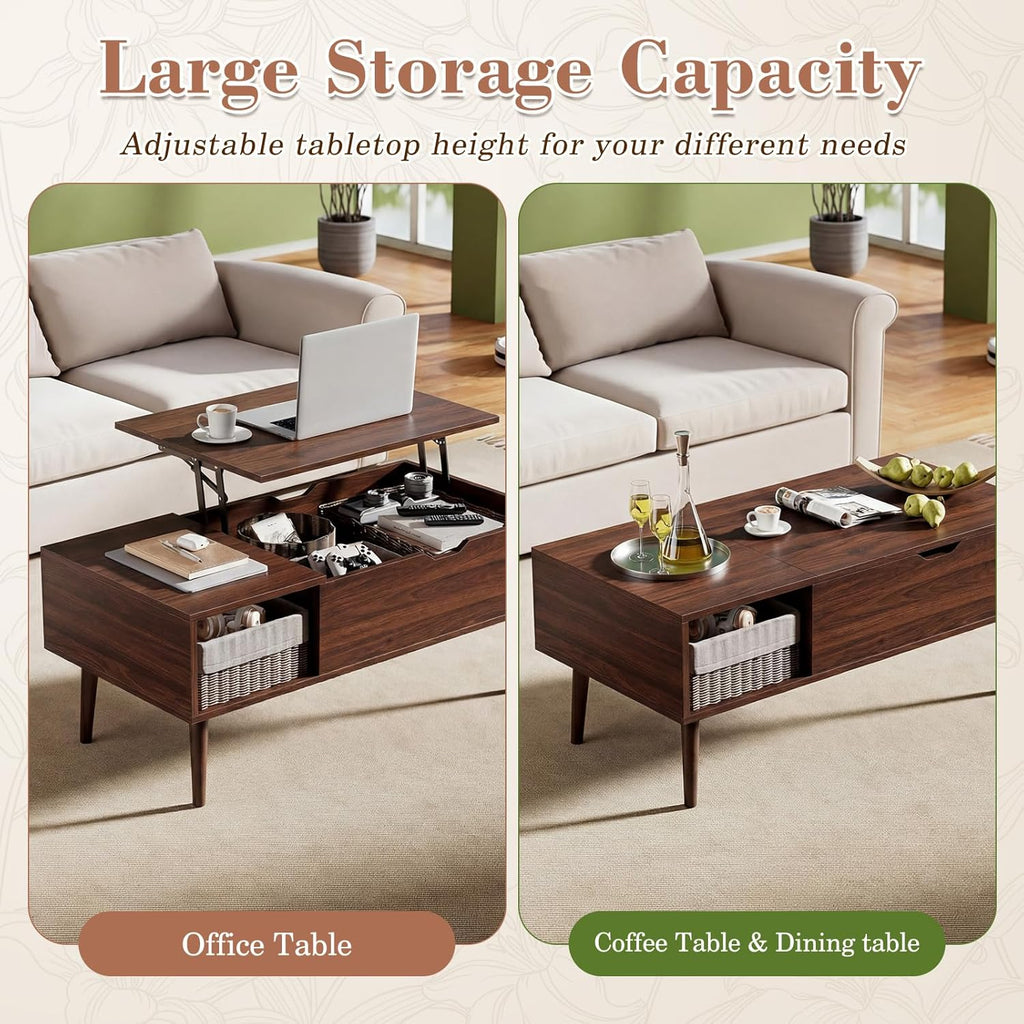 OLIXIS Wood Lift Top Coffee Table with Hidden Compartment and Large Storage Shelf, Lift Tabletop Dining Center Table for Home Living Room Office, Dark Brown