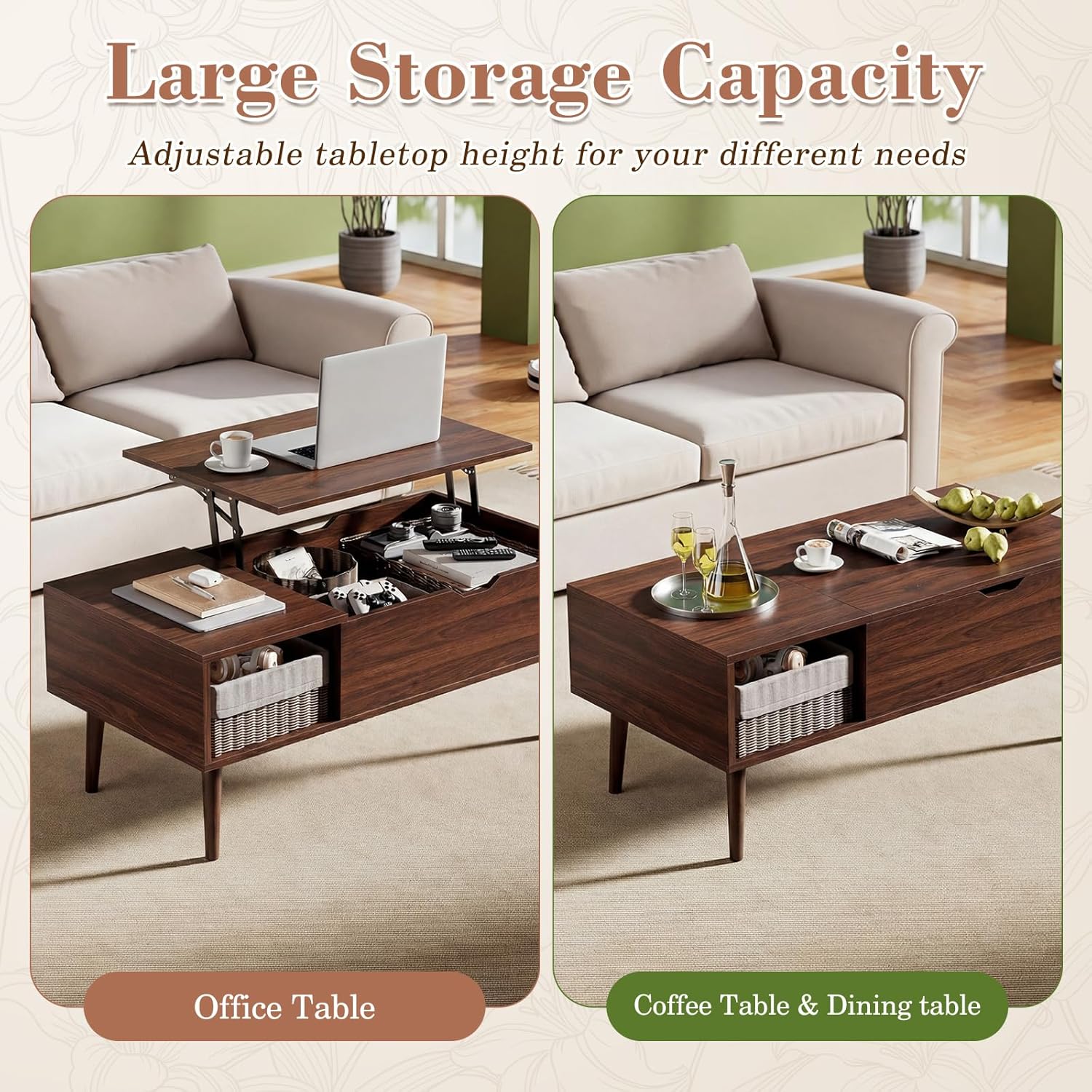 OLIXIS Wood Lift Top Coffee Table with Hidden Compartment and Large Storage Shelf, Lift Tabletop Dining Center Table for Home Living Room Office, Dark Brown