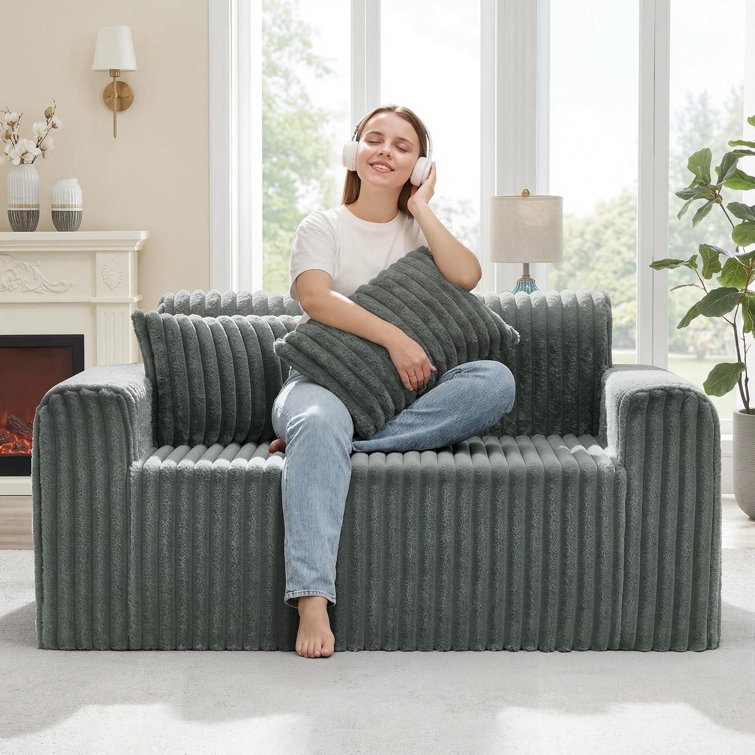 Hobestluk Couch Sofa 2-Seater Foam Sofa Loveseat for Small Spaces Comfy Sofas with Removable Cover Furry Couch with Pillows for Living Room, Bedroom, Apartment, Office (Grey, Loveseat)