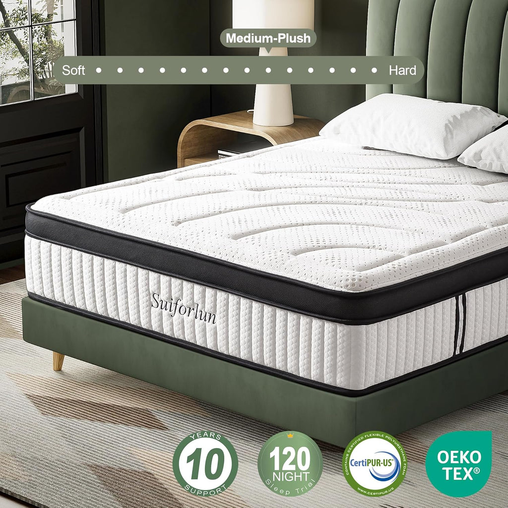 Suiforlun 14 Inch Queen Size Mattress -Motion Isolation Pocketed Coils with Edge Support, Fiberglass Free Hybrid Mattress for Back Pain Relief, Medium Firm, 60"x80"