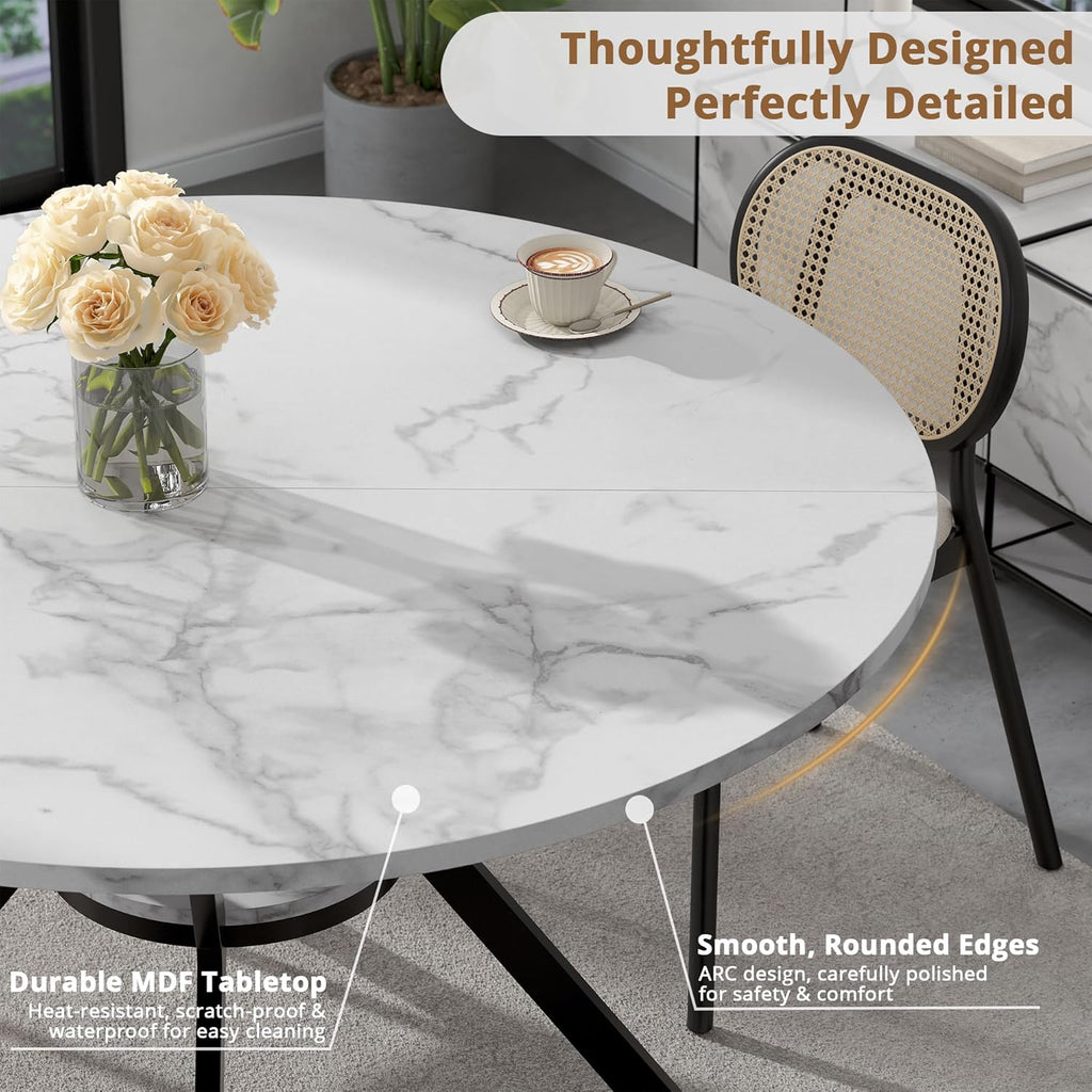42" Round Dining Table for 2-4, Modern Kitchen Table with Faux Marble Tabletop & Metal Legs, Space Saving Circle Table with Storage, Wood Kitchen & Dining Room Tables for Kitchen Dining Room
