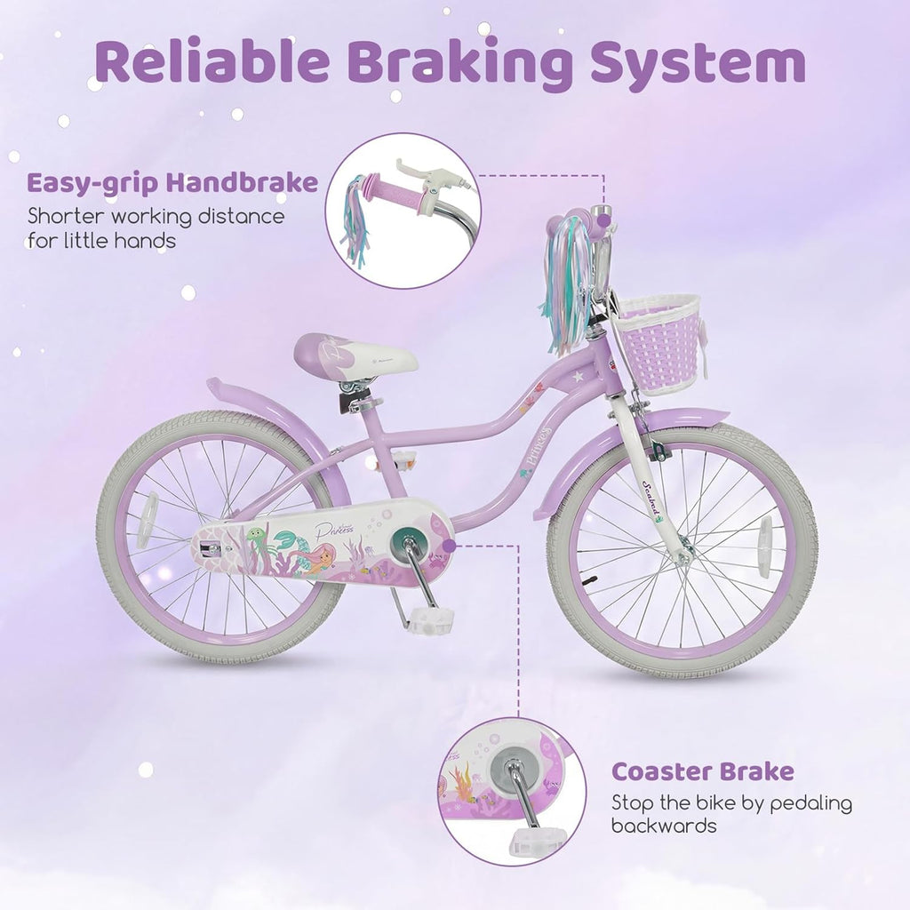 COSTWAY Mermaid Kids Bike, 12/14/16/18/20 Inch Toddler Bike w/Removable Training Wheels, Streamers, Doll Storage Basket, Handbrake & Coaster Brake, Children Kids Bicycle for 3+ Years Old Boys & Girls