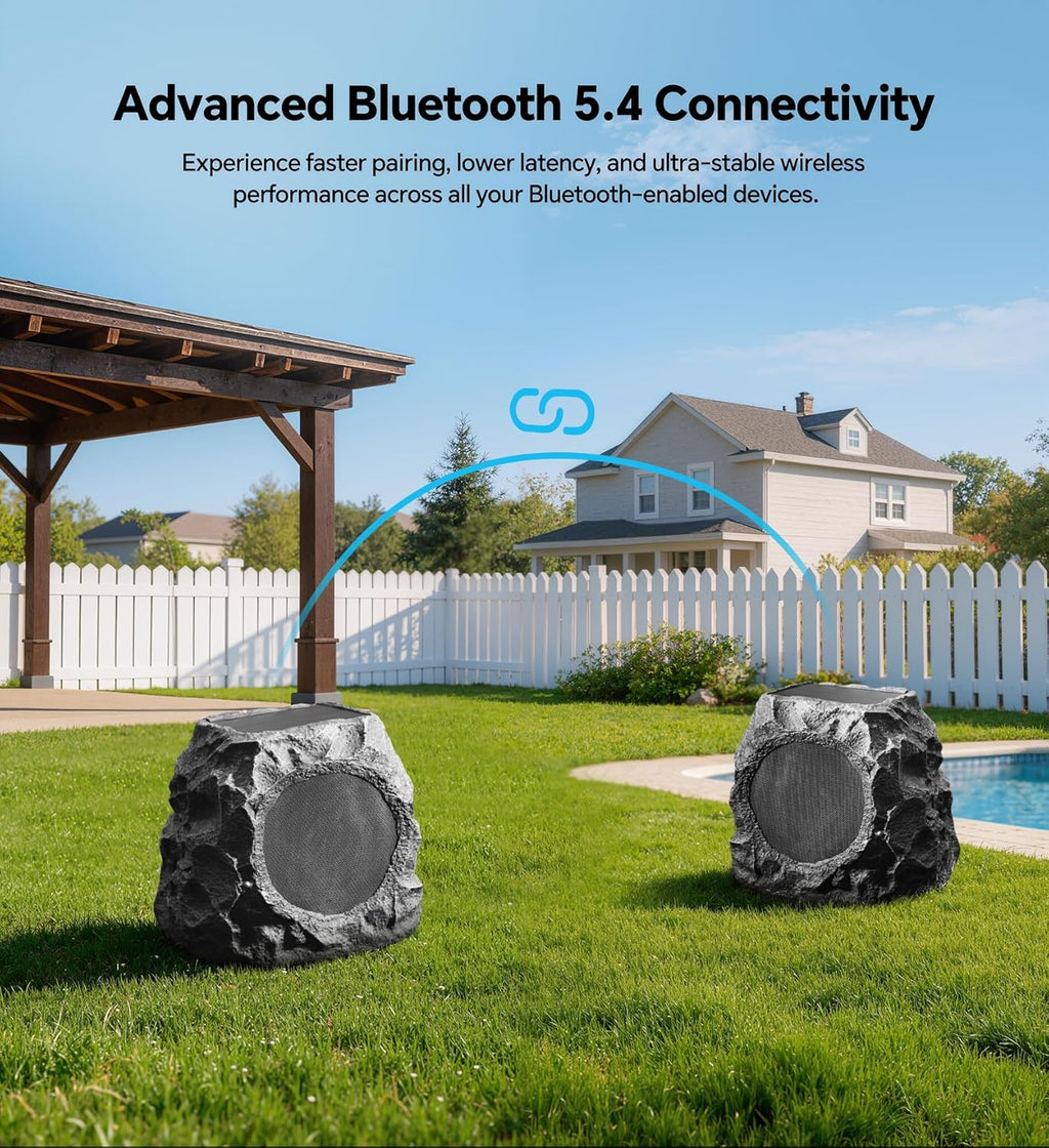 Upgraded Outdoor Rock Speaker 60W Deep Bass Multi-Sync up to 100Pcs, Remote Control, IPX7 Waterproof Solar-Powered Bluetooth Speaker Perfect for Pool, Garden, Patio, Ideal for Music Lovers - 2 Packs