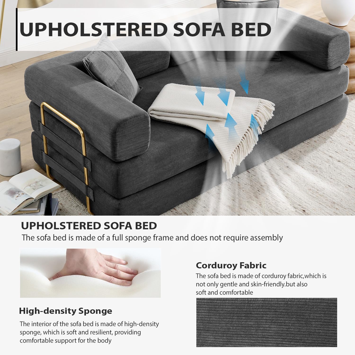 4-in-1 Folding Convertible Sofa Bed, 78 Inch Boneless Couch with Fixed-Shape Frame, Corduroy Loveseat Sleeper with Pull Out Bed, Floor Sofa Modular Futon Couch for Living Room Bedroom Lounge (Grey)