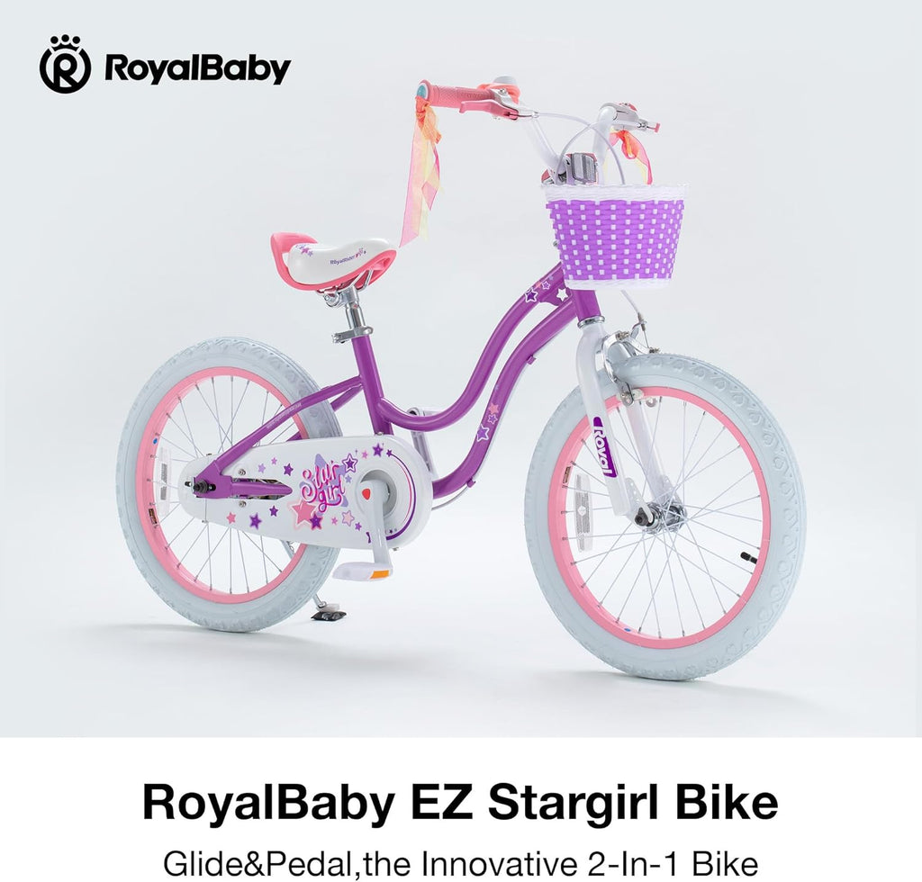 RoyalBaby Girls Bike, Stargirl EZ Kids Bike Balance and Pedal Bicycle with Basket and Dual Handbrake, 12 14 16 18 Inch Toddlers to Big Kids 3-8 Years, Multiple Colors