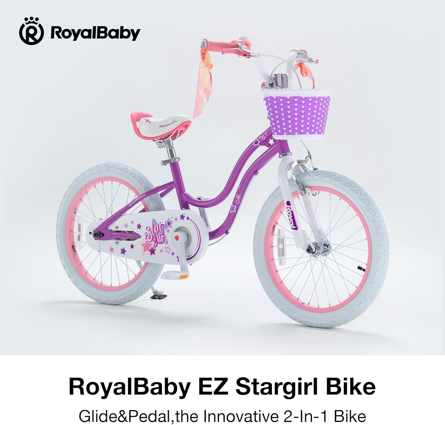 RoyalBaby Girls Bike, Stargirl EZ Kids Bike Balance and Pedal Bicycle with Basket and Dual Handbrake, 12 14 16 18 Inch Toddlers to Big Kids 3-8 Years, Multiple Colors